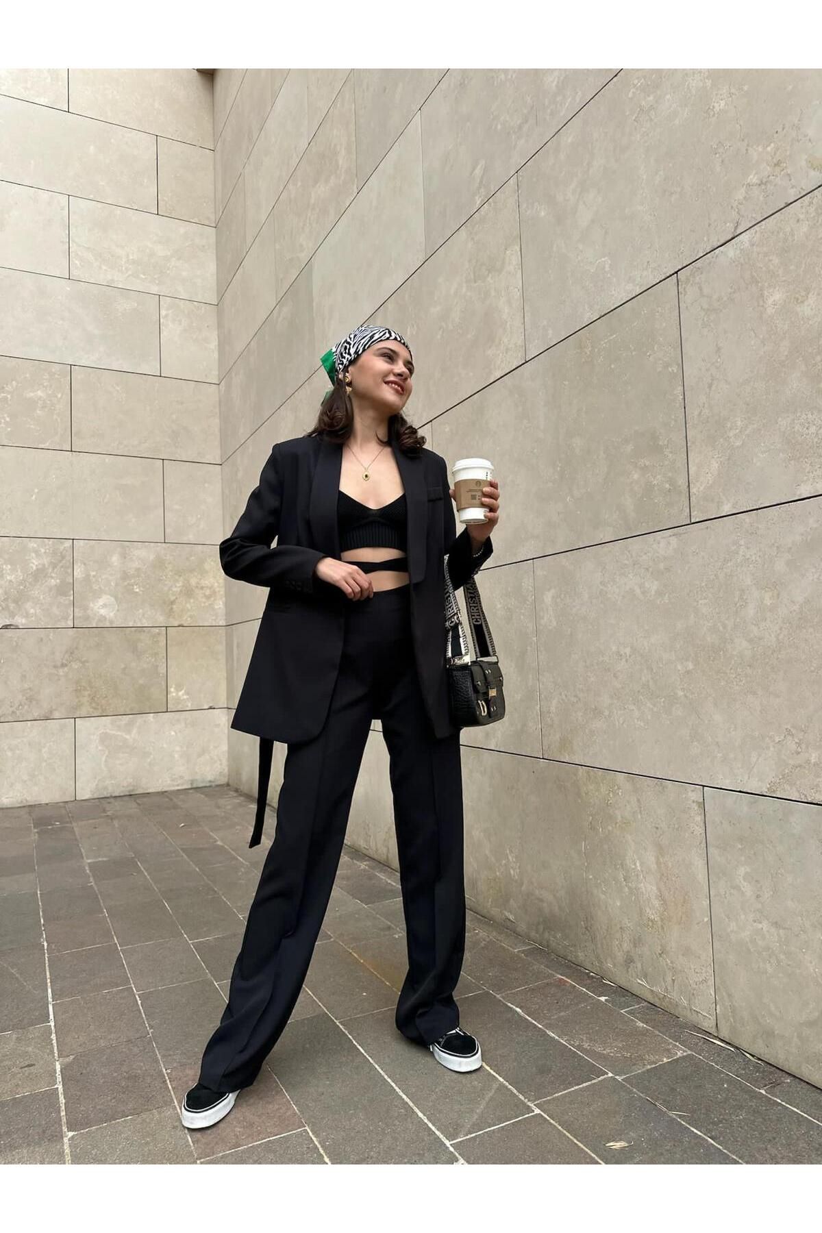 EFSUN MODA KADIN KUŞAKLI BLAZER CEKET PANTOLON TAKIM ASTARLİ