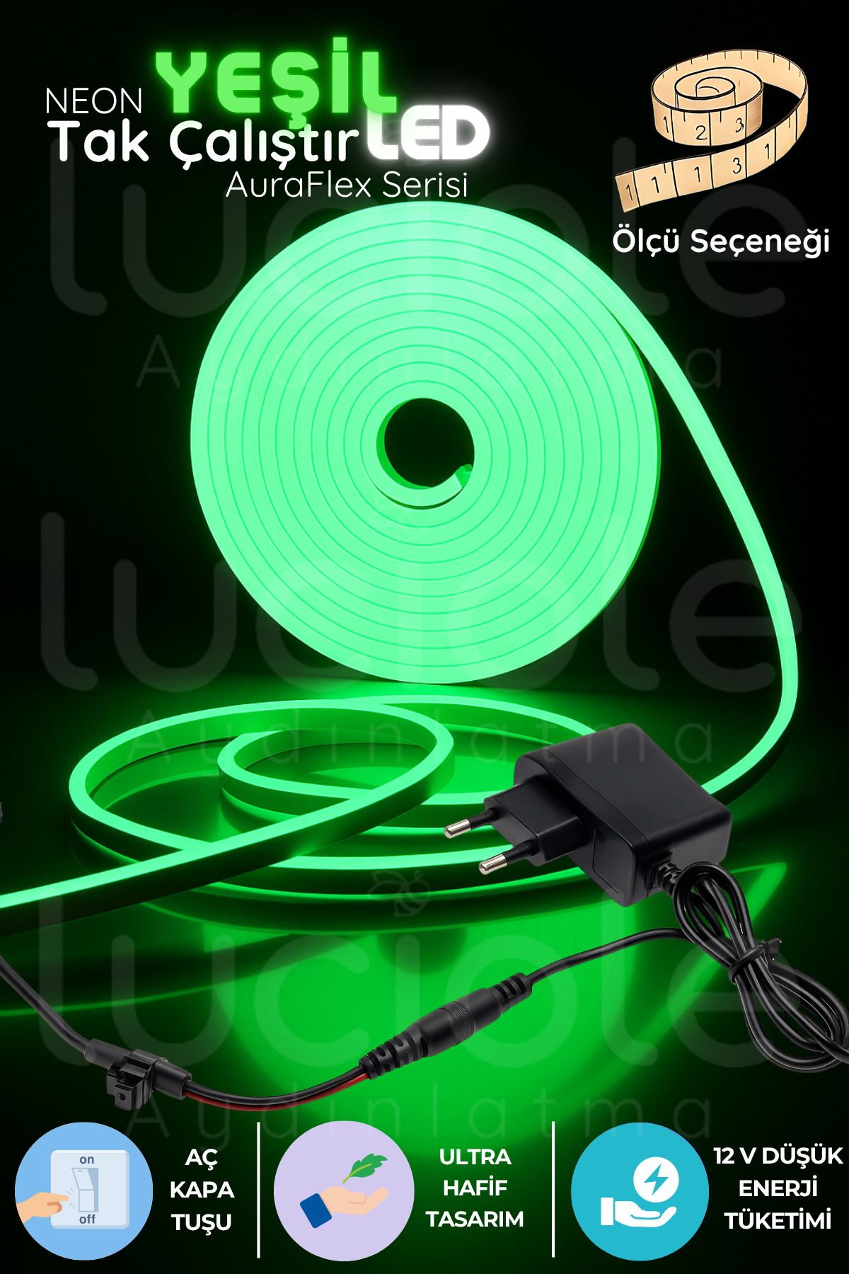 luciole 4 Metre Neon LED Şerit Yeşil | AuraFlex Serisi | Aç-Kapa Prizli Tak-Çalıştır Işık