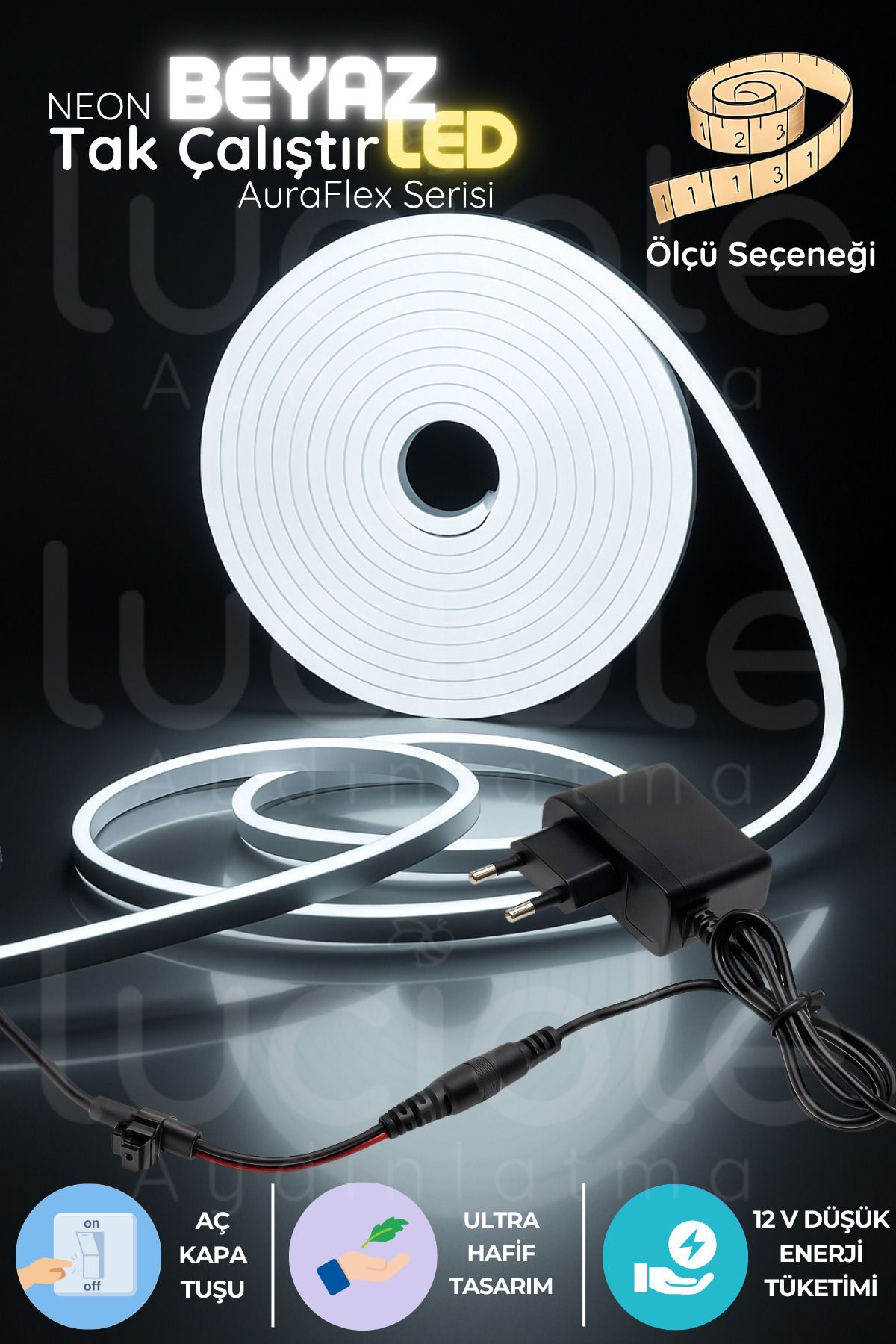luciole 5 Metre Beyaz Neon LED Şerit | AuraFlex Serisi | 6500K Tak Çalıştır Aç-Kapa Aydınlatma
