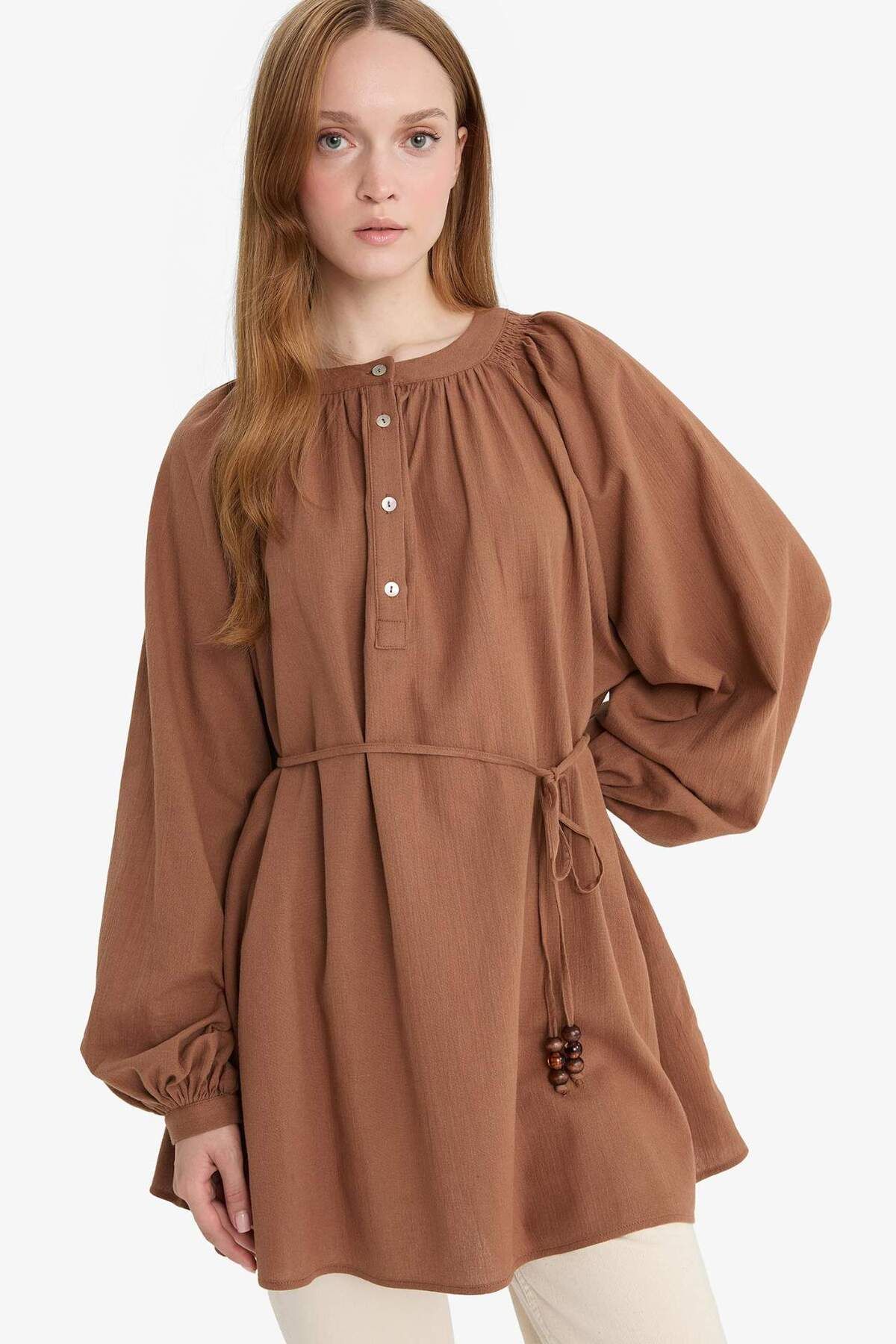 DeFacto-Muslin Basic Plain Lace-Up Long Sleeve Shirt Tunic D4396Ax25Sm 3