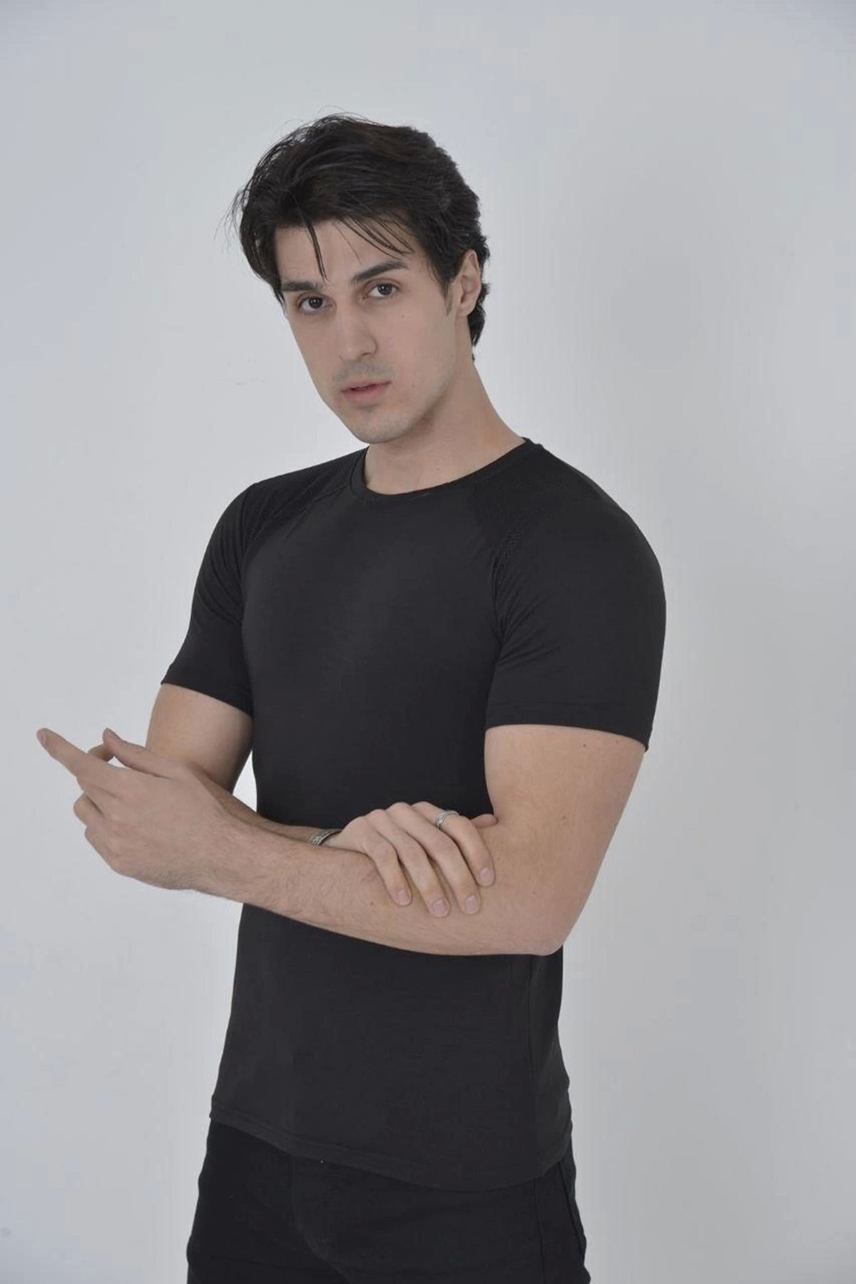 fashok Erkek Omuz Fileli Slim Fit T-shirt - Siyah