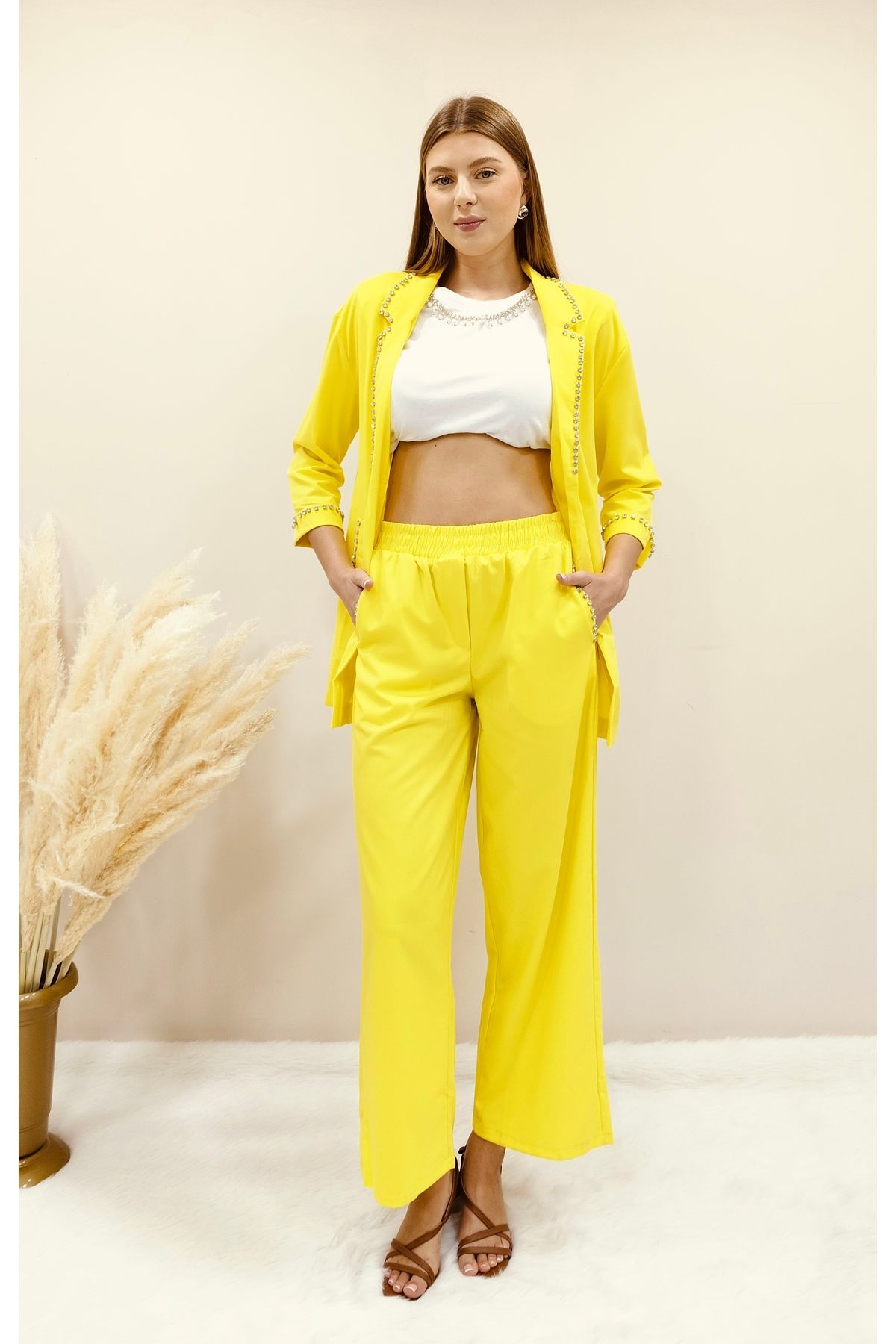 AsprinFashion TAŞLI SATEN TAKIM SARI
