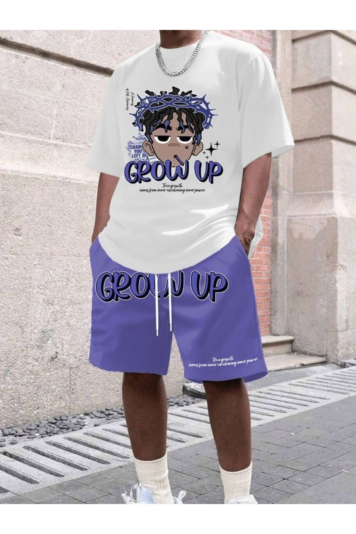 aynewmoda Yuvarlak yakalı tişört ve şort takımı, örme kumaş Grow Up baskısı