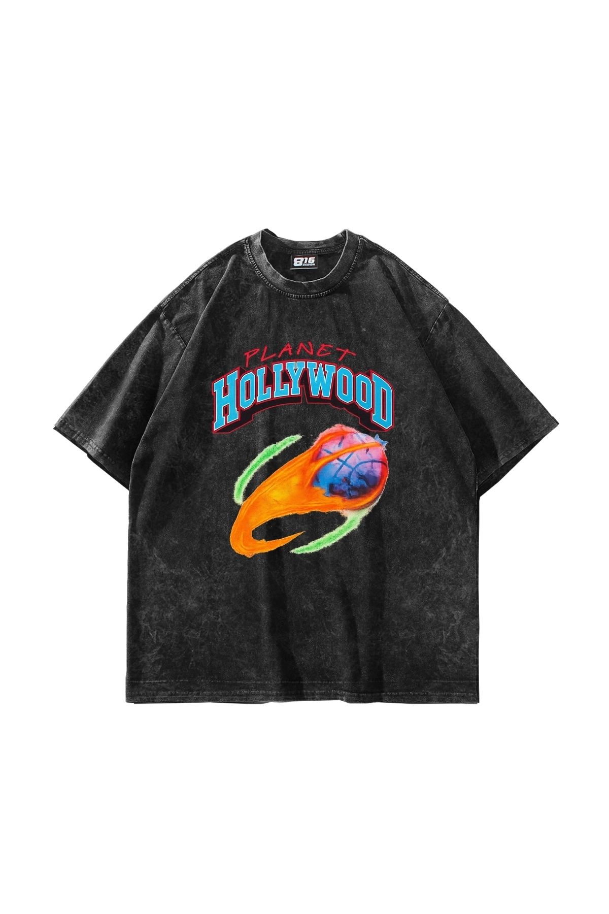 Sekizbiraltı Hollywood Planet Baskılı Oversize Unisex Yıkamalı Siyah Tshirt