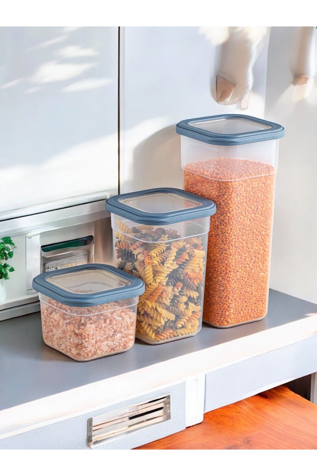 Nesto Home-Set of 3 Multi-Purpose Square Food and Pulses Storage Container Detergent Box 1X680 1X1250 1X1850 ml 3