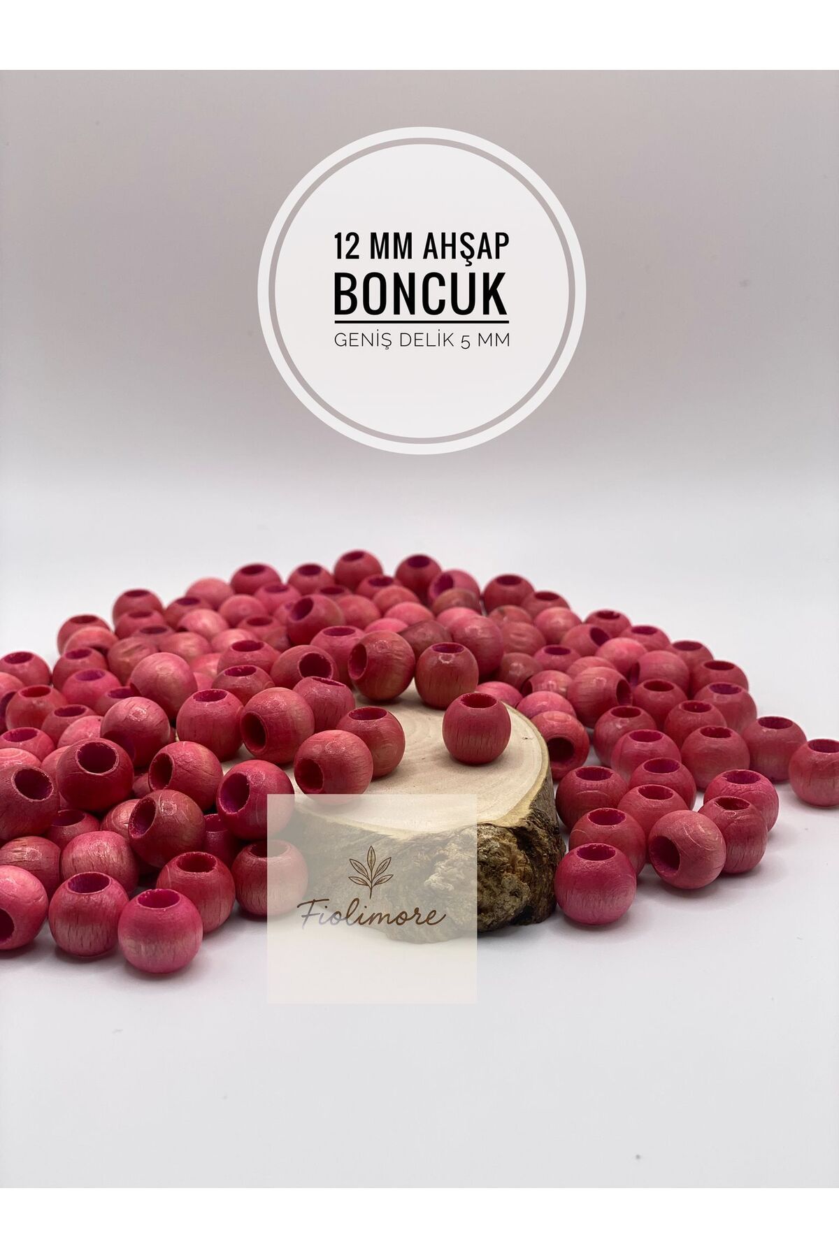 Fiolimore Pembe Ahşap Boncuk 12 mm (50 Gram 105 Adet) Delik Çapı 5 mm Yuvarlak Tahta Renkli Geniş Delik