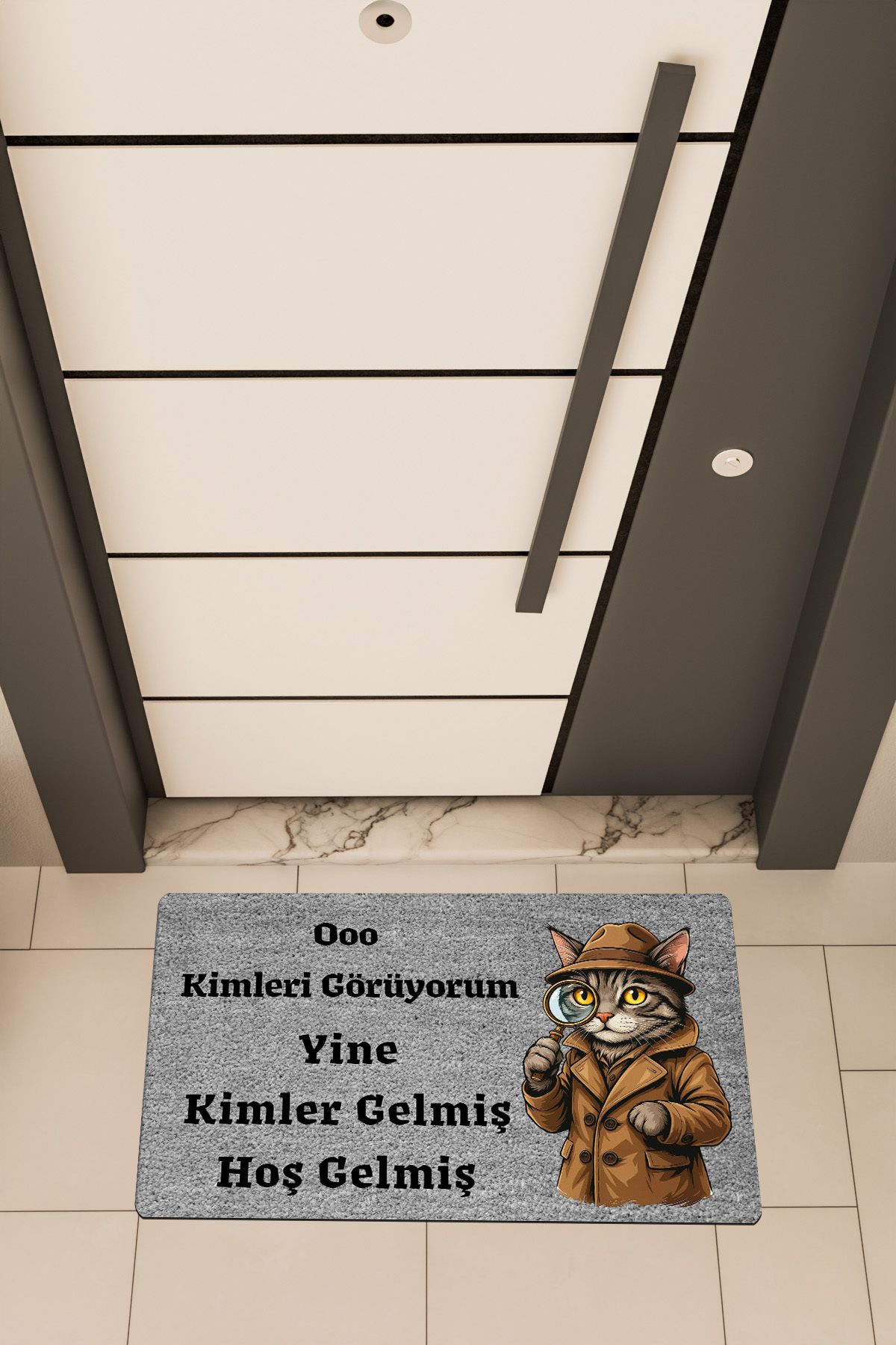 Dormot Home Yüksek Kaliteli Dijital Baskı Gri, Dedektif Kedi temalı Kapı Önü Paspası