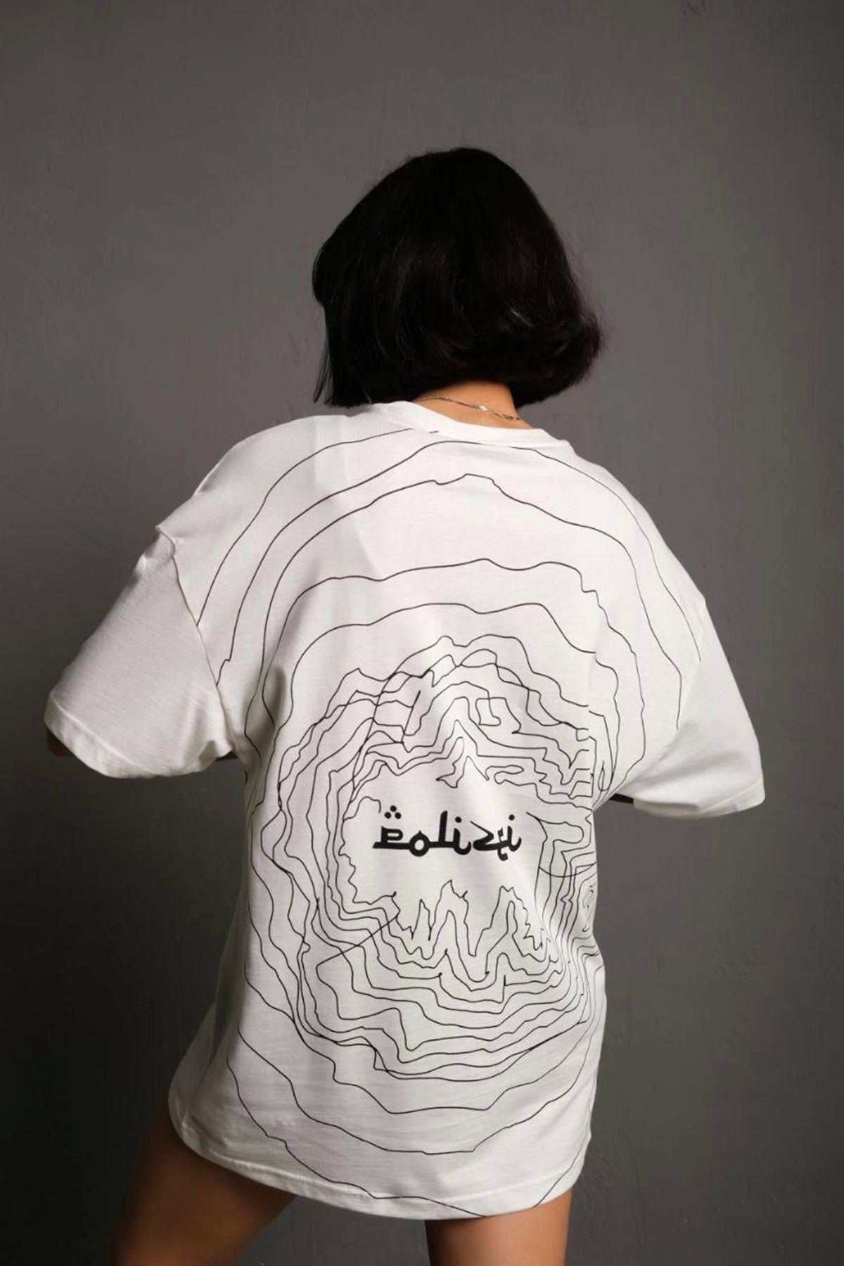 fashok Kadın Bisiklet Yakalı Sırt Baskılı Oversize T-Shirt - Beyaz