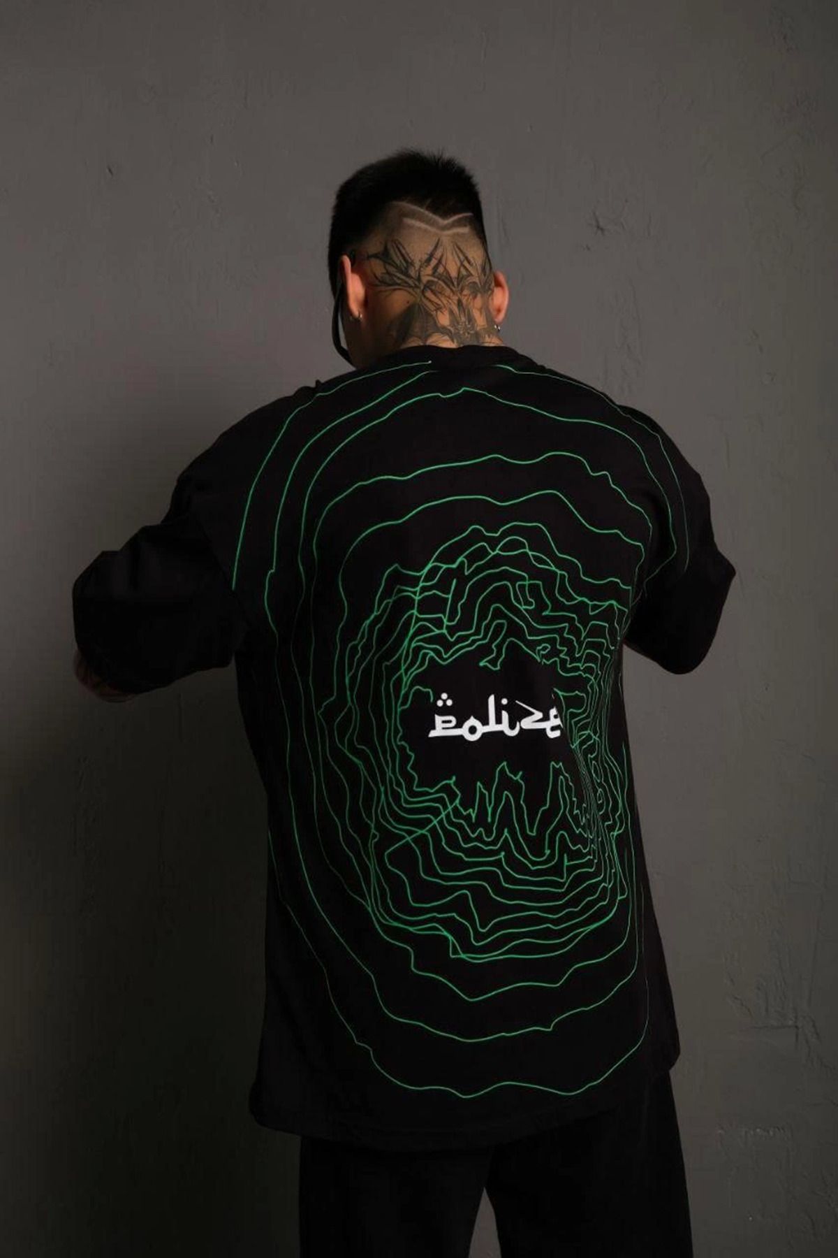 fashok Erkek Bisiklet Yakalı Sırt Baskılı Oversize T-Shirt - Siyah