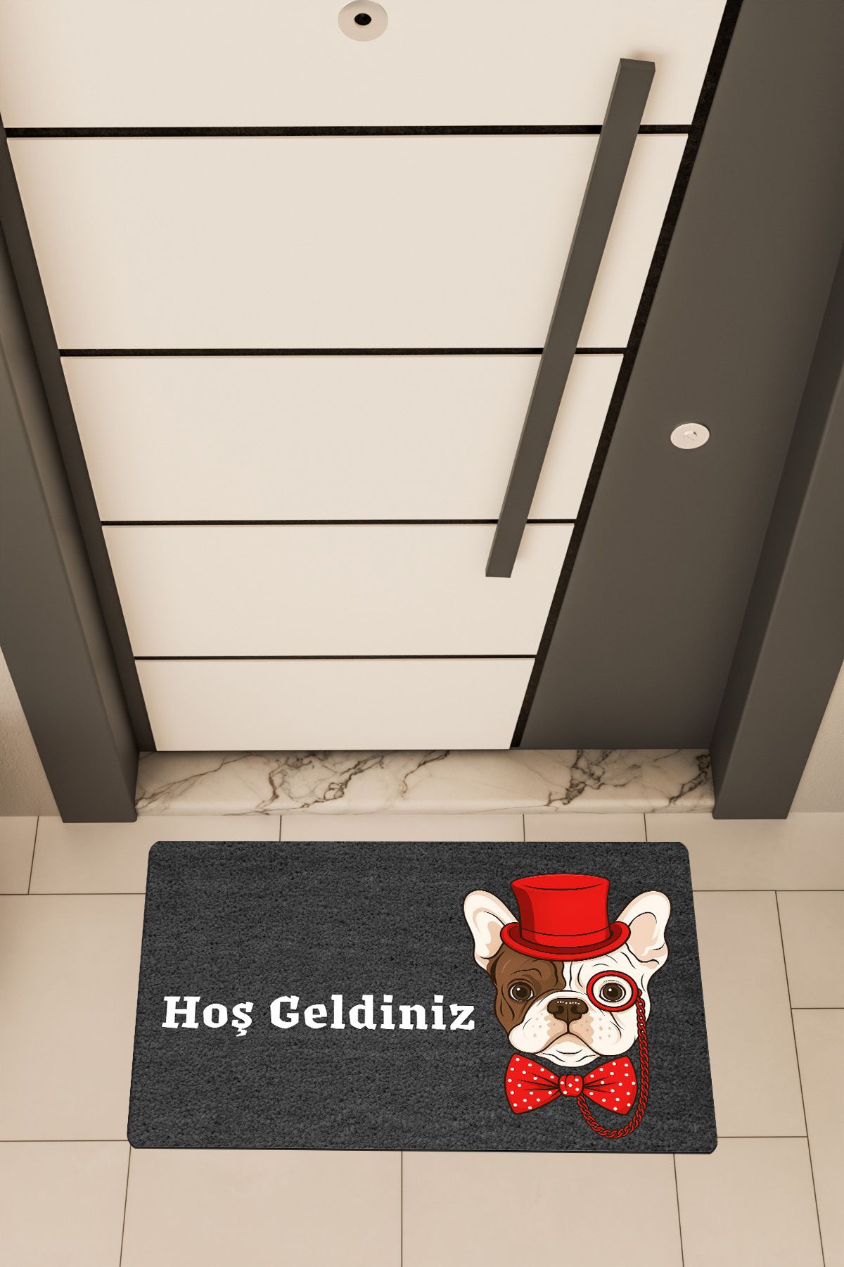 Dormot Home Yüksek Kaliteli Dijital Baskı Siyah, Kırmızı Renkli Entel Pug temalı Kapı Önü Paspası
