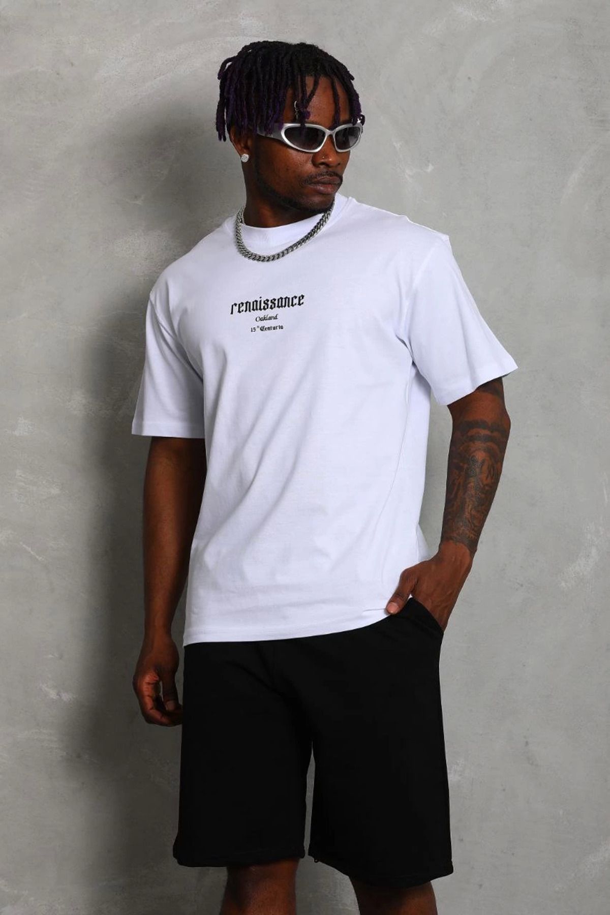 fashok Unisex Oversize Baskılı Bisiklet Yaka T-Shirt - Beyaz