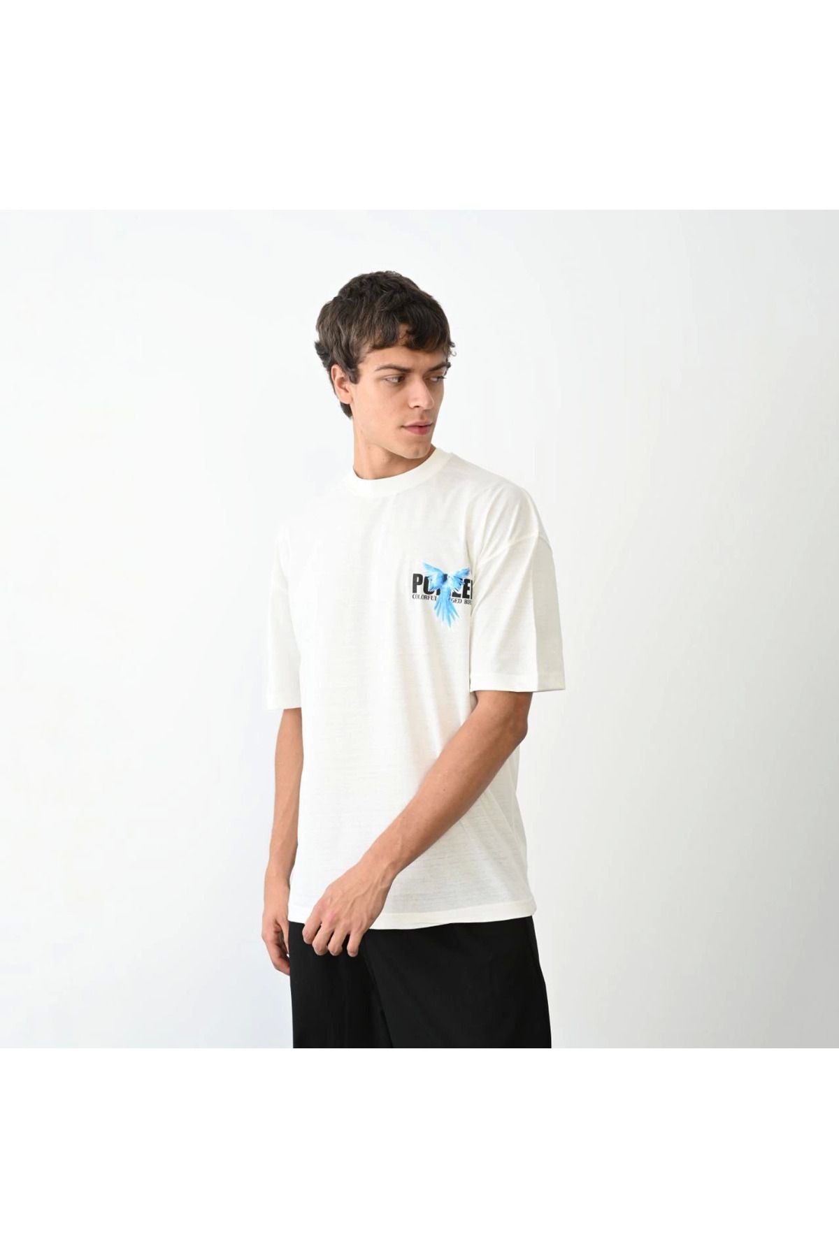 fashok Unisex Bisiklet Yaka Baskılı Oversize T-Shirt - Beyaz