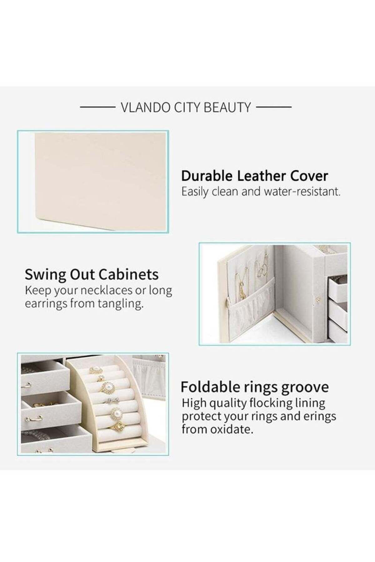 COOYA-Women's Jewellery Box Large with 3 Levels,high-quality leather Box,Jewellery Storage with Drawers 8