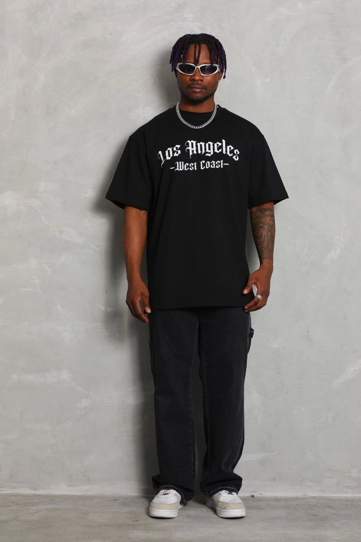 fashok Unisex Oversize Baskılı Bisiklet Yaka T-Shirt - Siyah