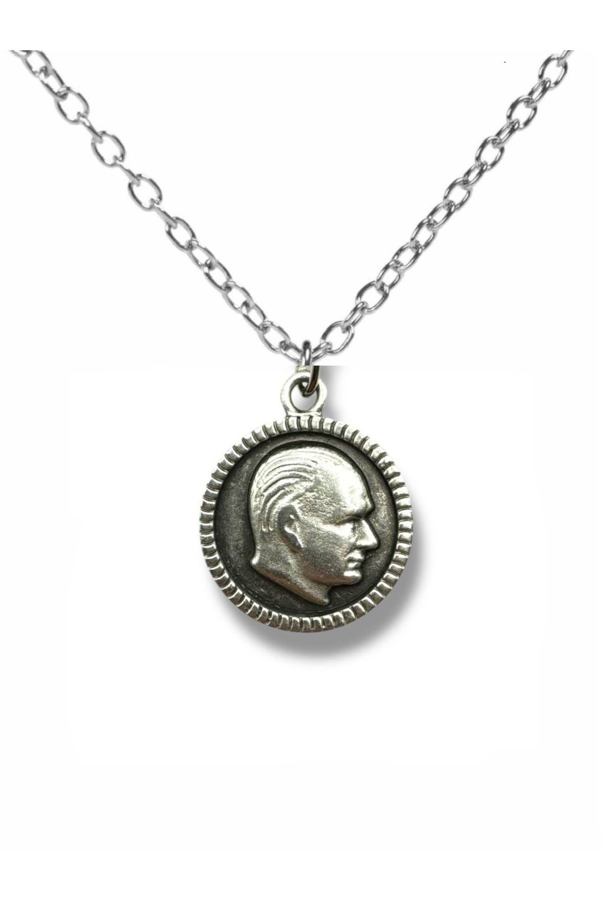 Herşey Nota Atatürk Madalyon Figürlü Gümüş Renk Unisex Kolye –Metal Zincirli Takı