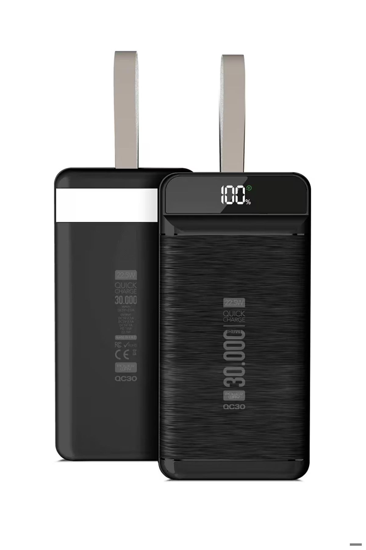 OBRAX 22.5 W Hızlı Şarj Gerçek PD 30.000 mAh Garantili Led Fener Dijital Siyah Taşınabilir Powerbank