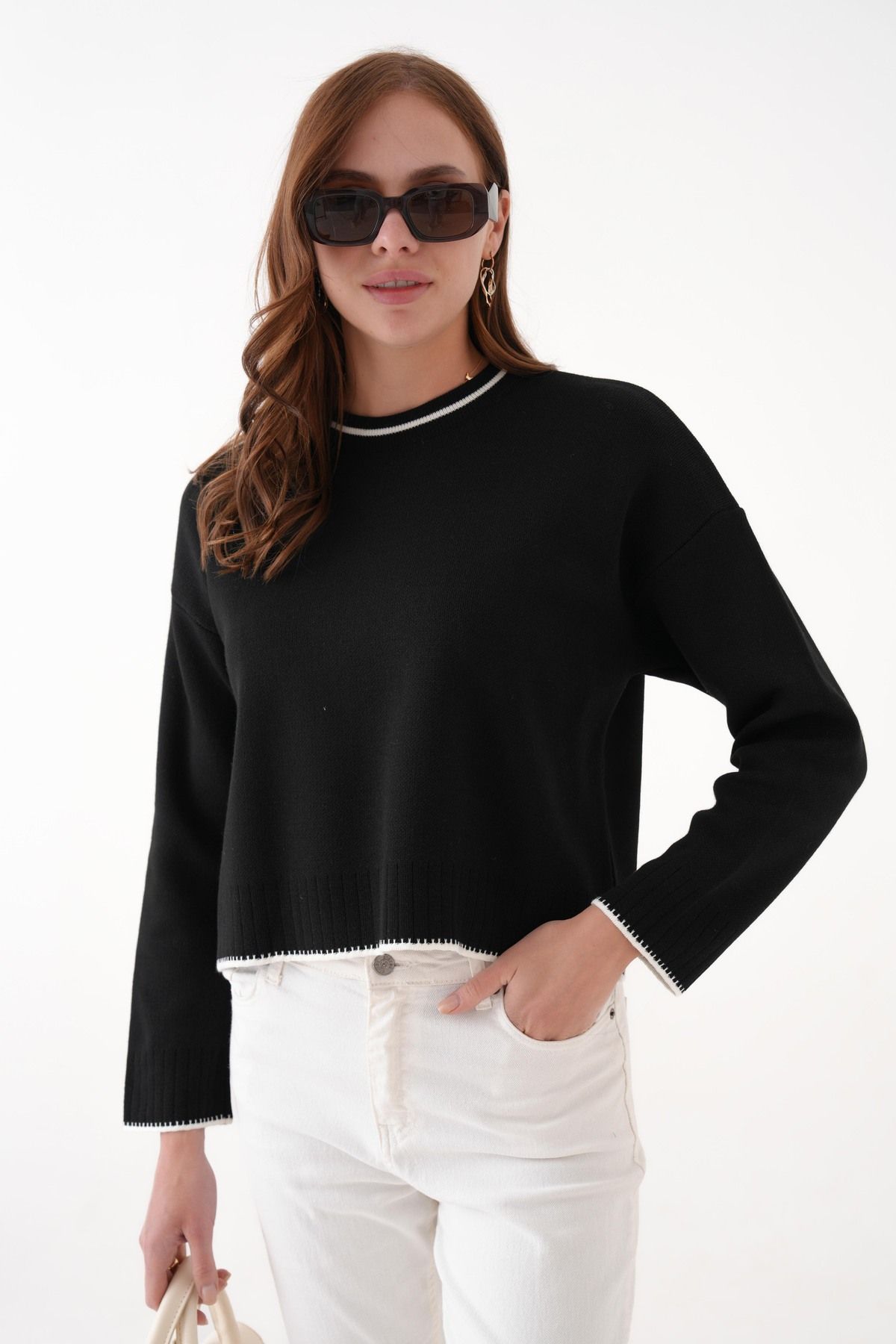 SHEMALL LUXURY Kadın Siyah Çoban Dikiş Triko Kazak 25517