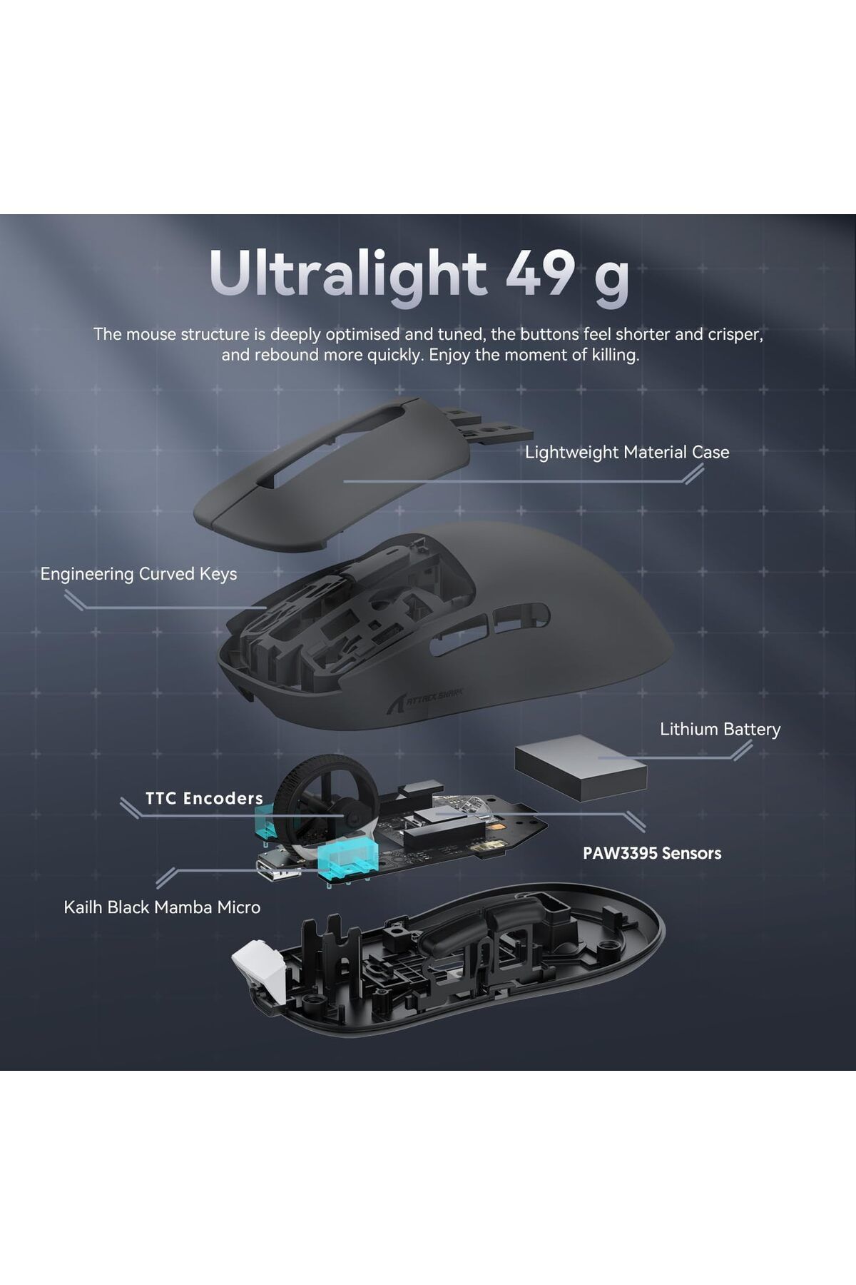 Attack Shark-Gaming Mouse X3 Lightweight with PixArt PAW3395 Sensor Bluetooth 2.4G Wireless/Wired 26000 DPI with 9
