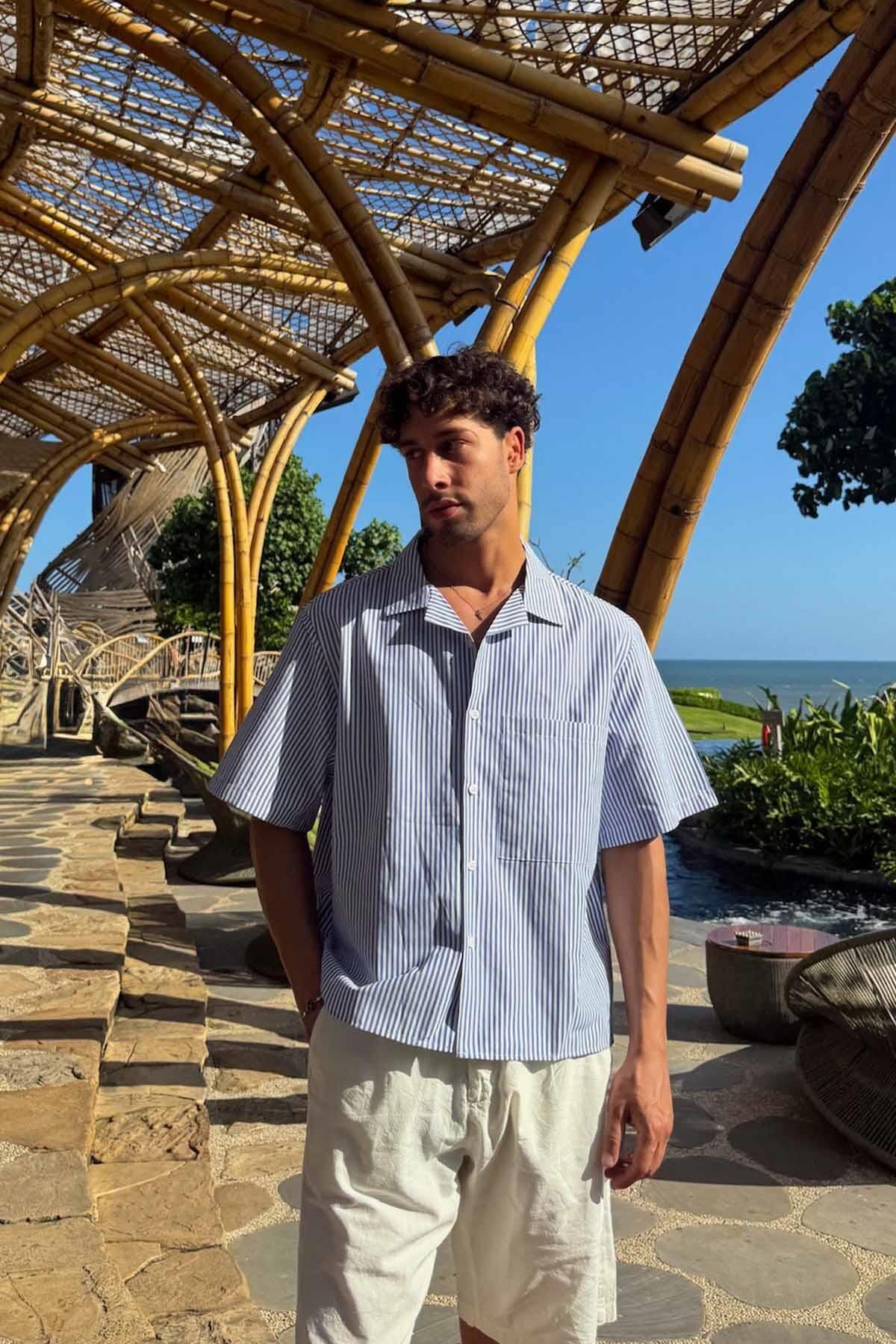 Flaw Wear Çizgili Oversize Mavi Kısa Kol gömlek