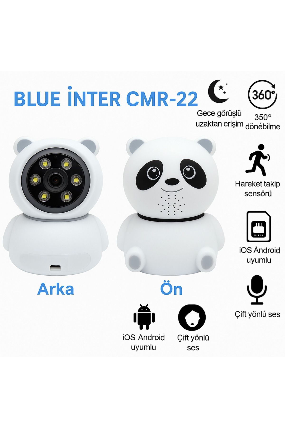BLUE İNTER Panda Güvenlik Kamerası – Gece Görüşlü, 360° Dönebilen