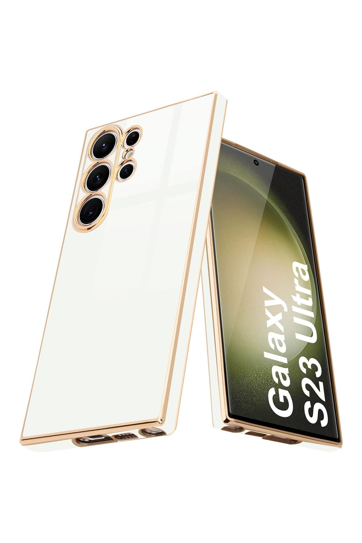Merwish Galaxy S23 Ultra Uyumlu Lazer Kesim Gold Çerçeve Beyaz Kapak Kılıf