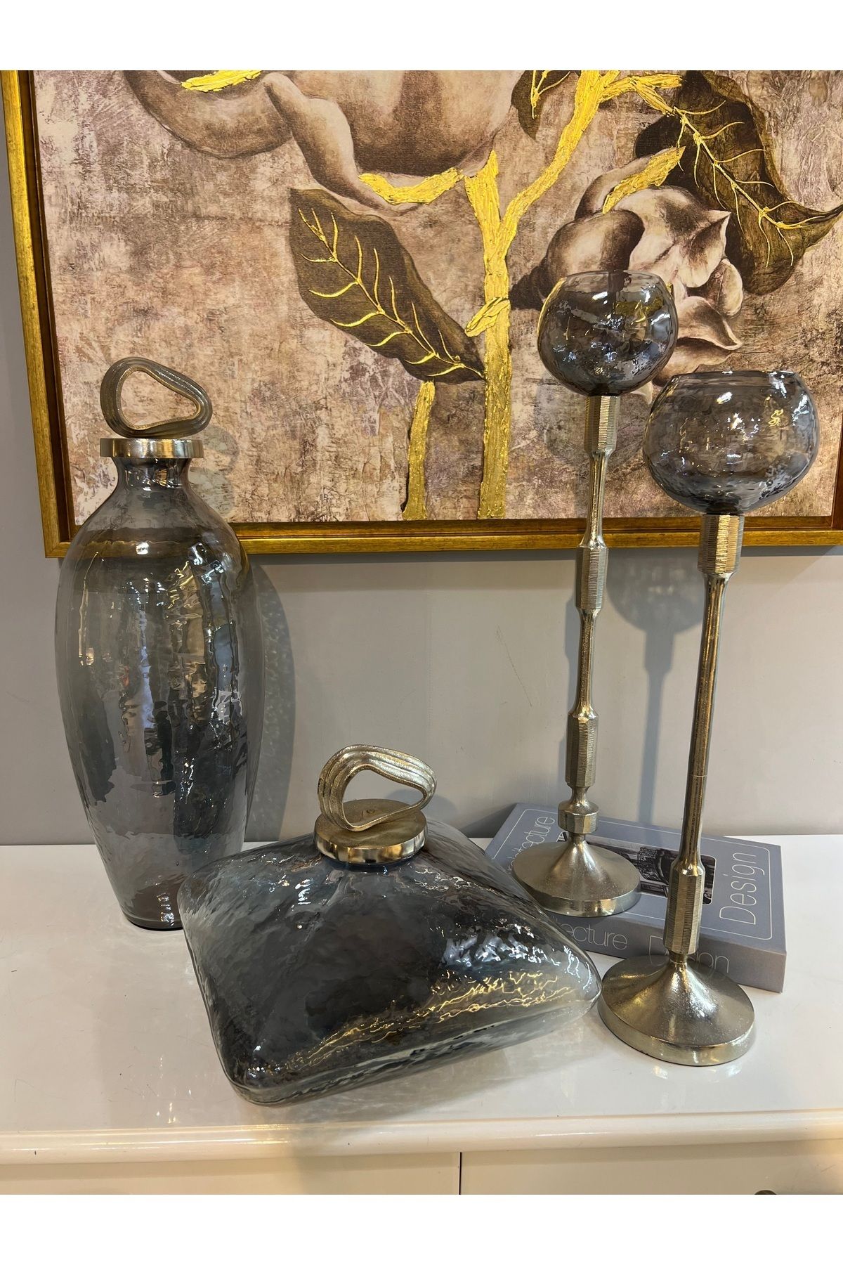 DEKORANLA Şık ve modern dört parça salon oturma grubu, gri renk seçeneğiyle.