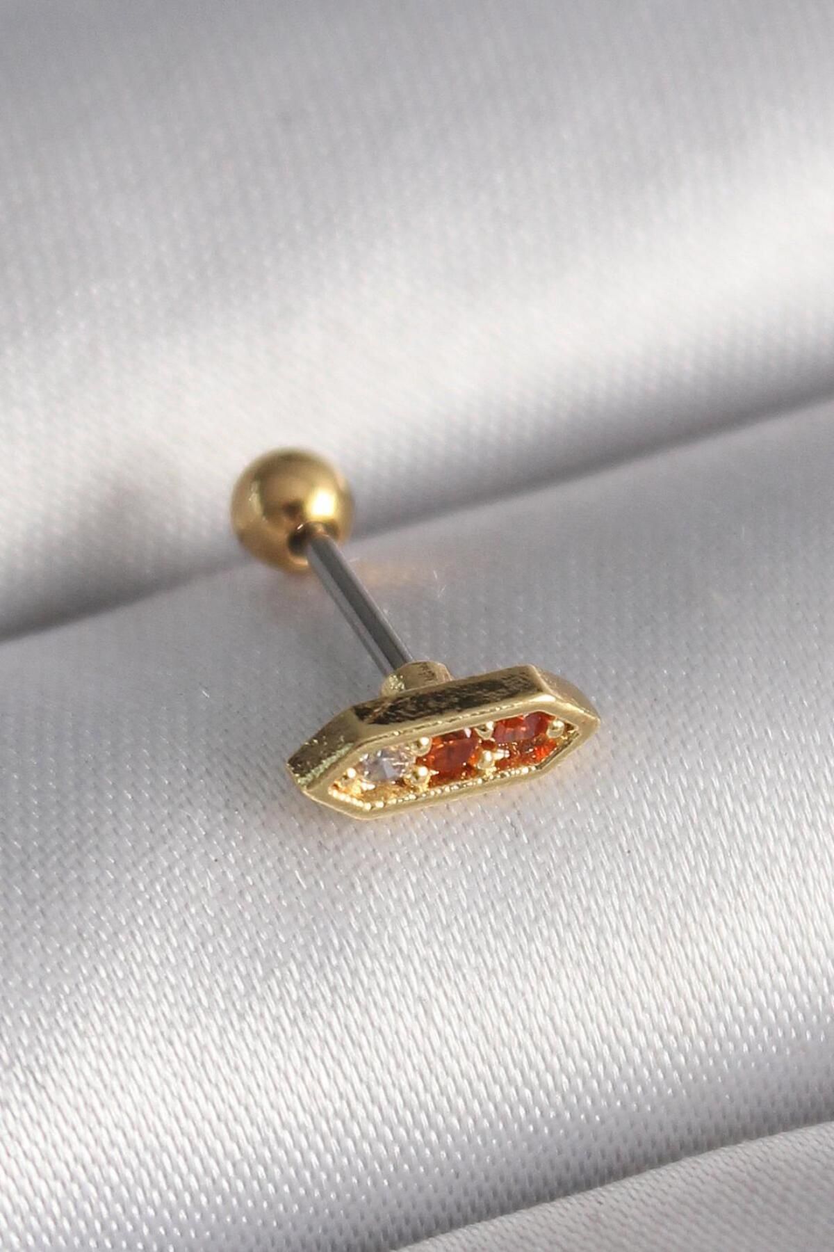 AfraBeauty 316L Çelik Gold Renk Turuncu Zirkon Taşlı Tragus Piercing