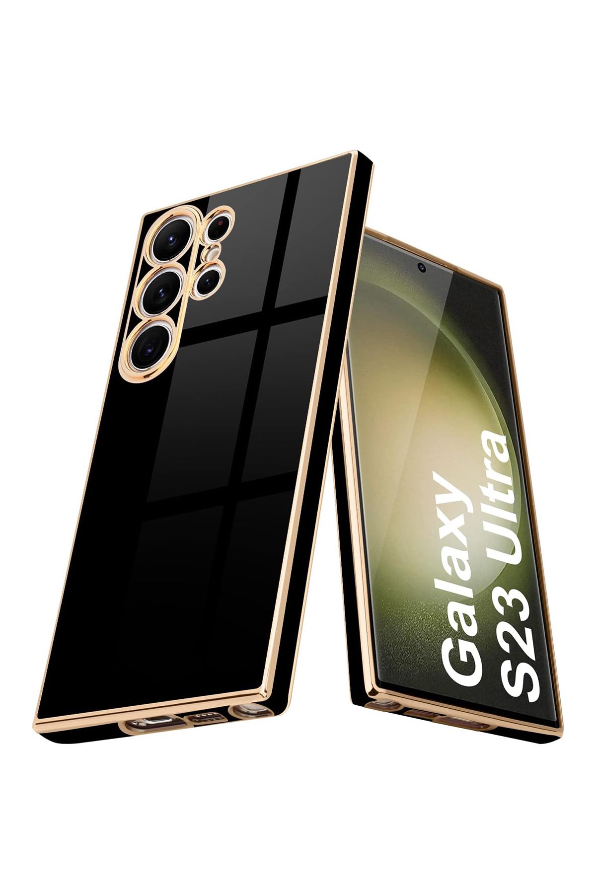 Merwish Galaxy S24 Ultra Uyumlu Lazer Kesim Gold Çerçeve Siyah Kapak Kılıf