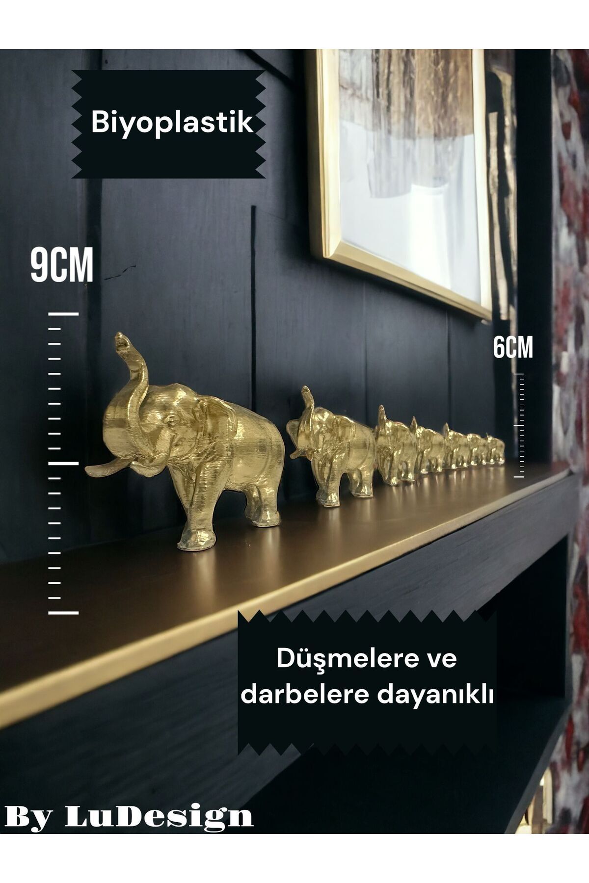 DEKORANLA Altın Renk 7'li Bereket Fil Seti ve Biyoplastik Biblo Ev Dekorasyonu
