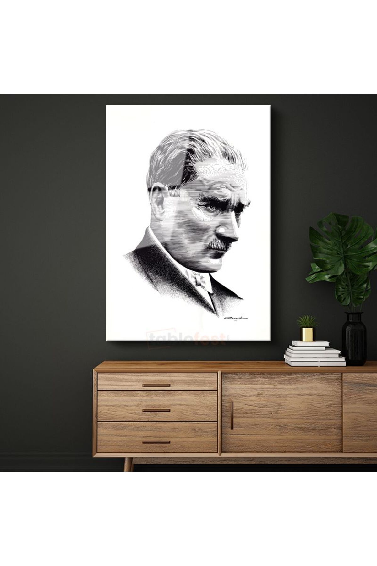 Tablofest Nokta Çizim Atatürk - Beyaz Fonda Portre Cam Tablo