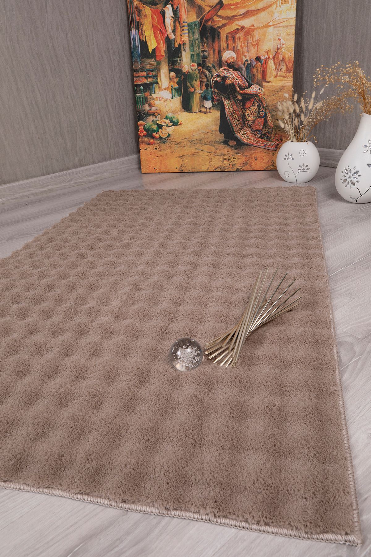 Sereserpe Bubble Uzun Tüylü Yumuşak Puffy Peluş Kaymaz Yıkanabilir Salon Koridor Halı Yolluk Vizon