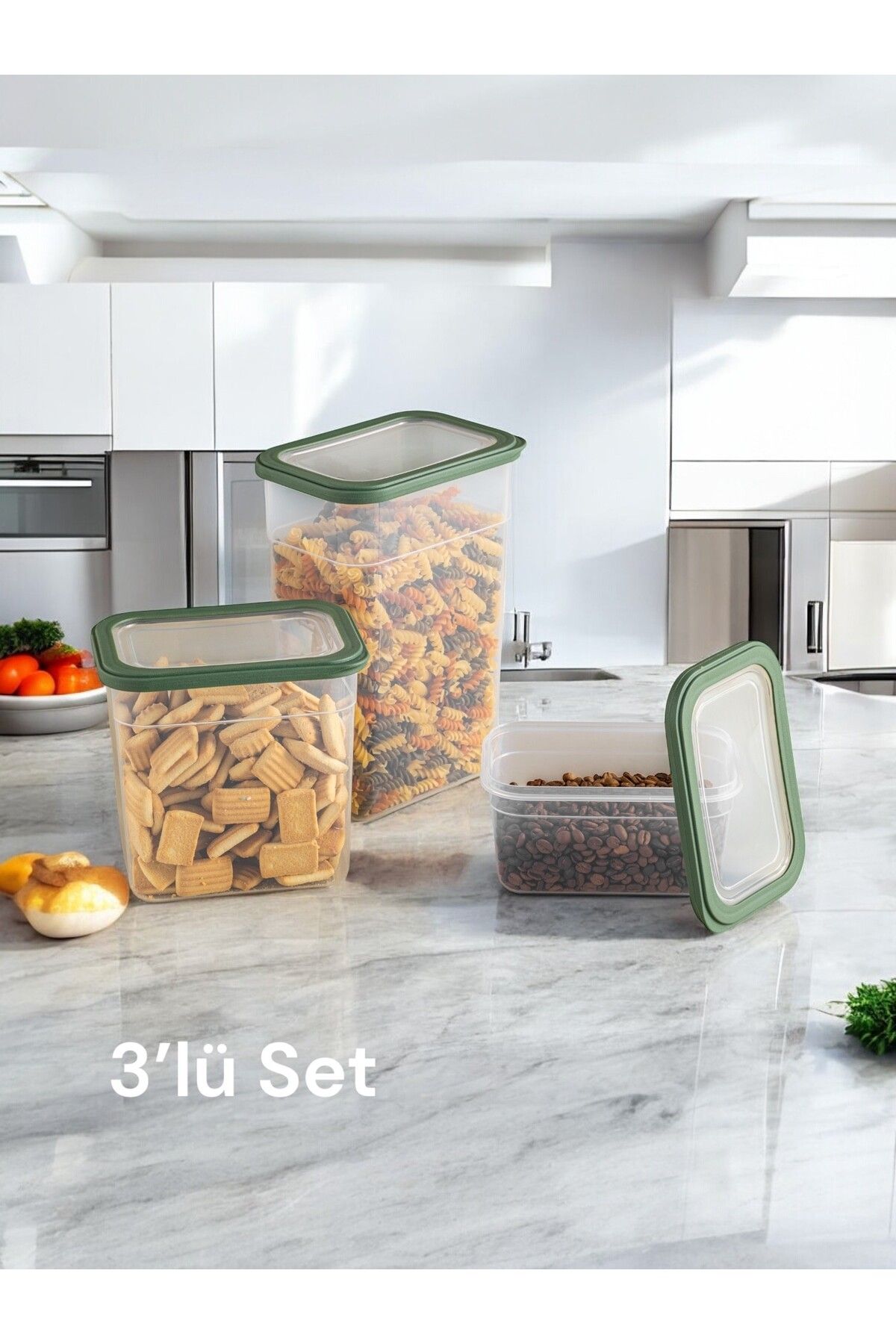 Nesto Home 3'lü Set Dikdörtgen Erzak ve Bakliyat Saklama Kabı Deterjan Kutusu 1x1100 1x2200 1x3400