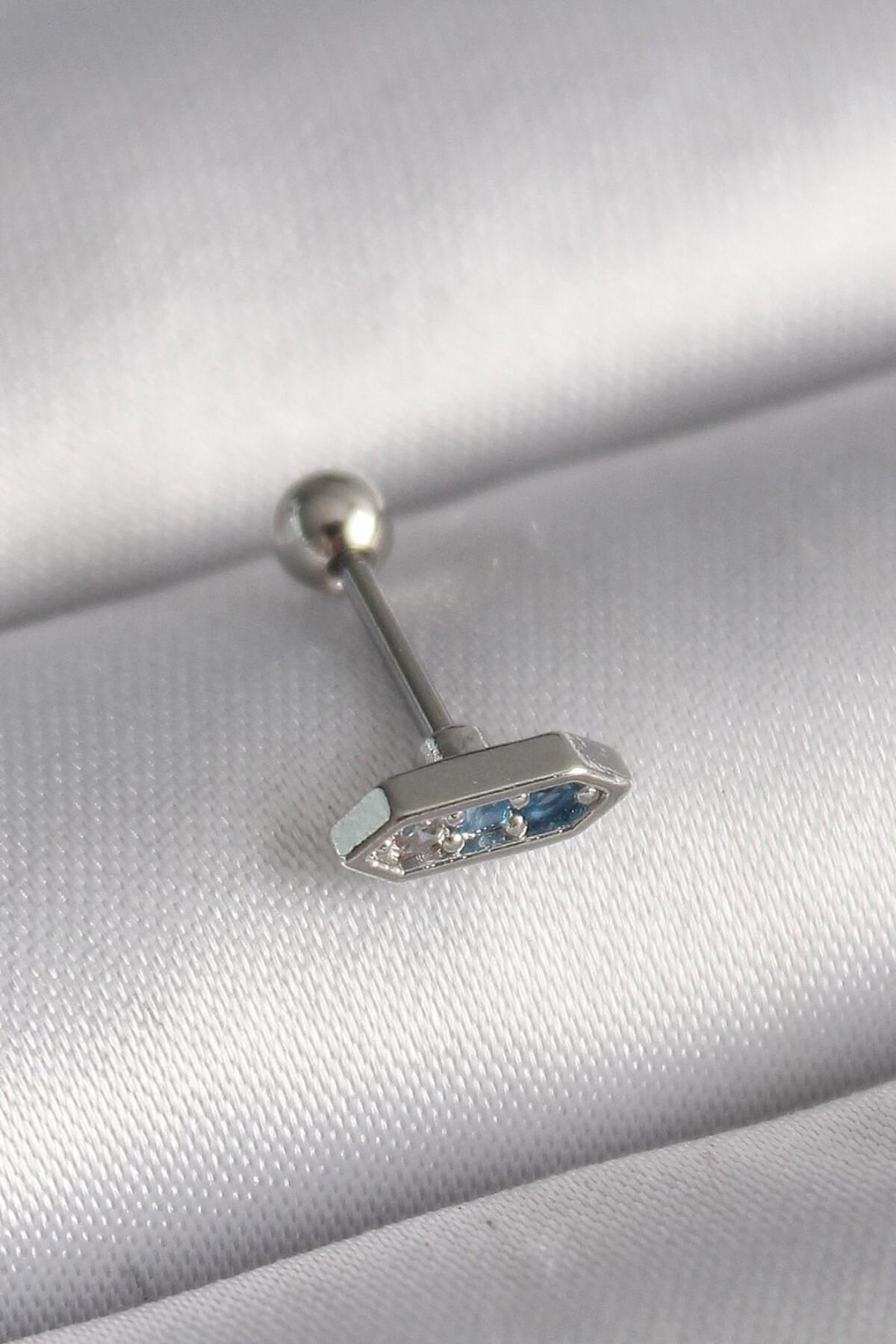 AfraBeauty 316L Çelik Gümüş Renk Mavi Zirkon Taşlı Tragus Piercing