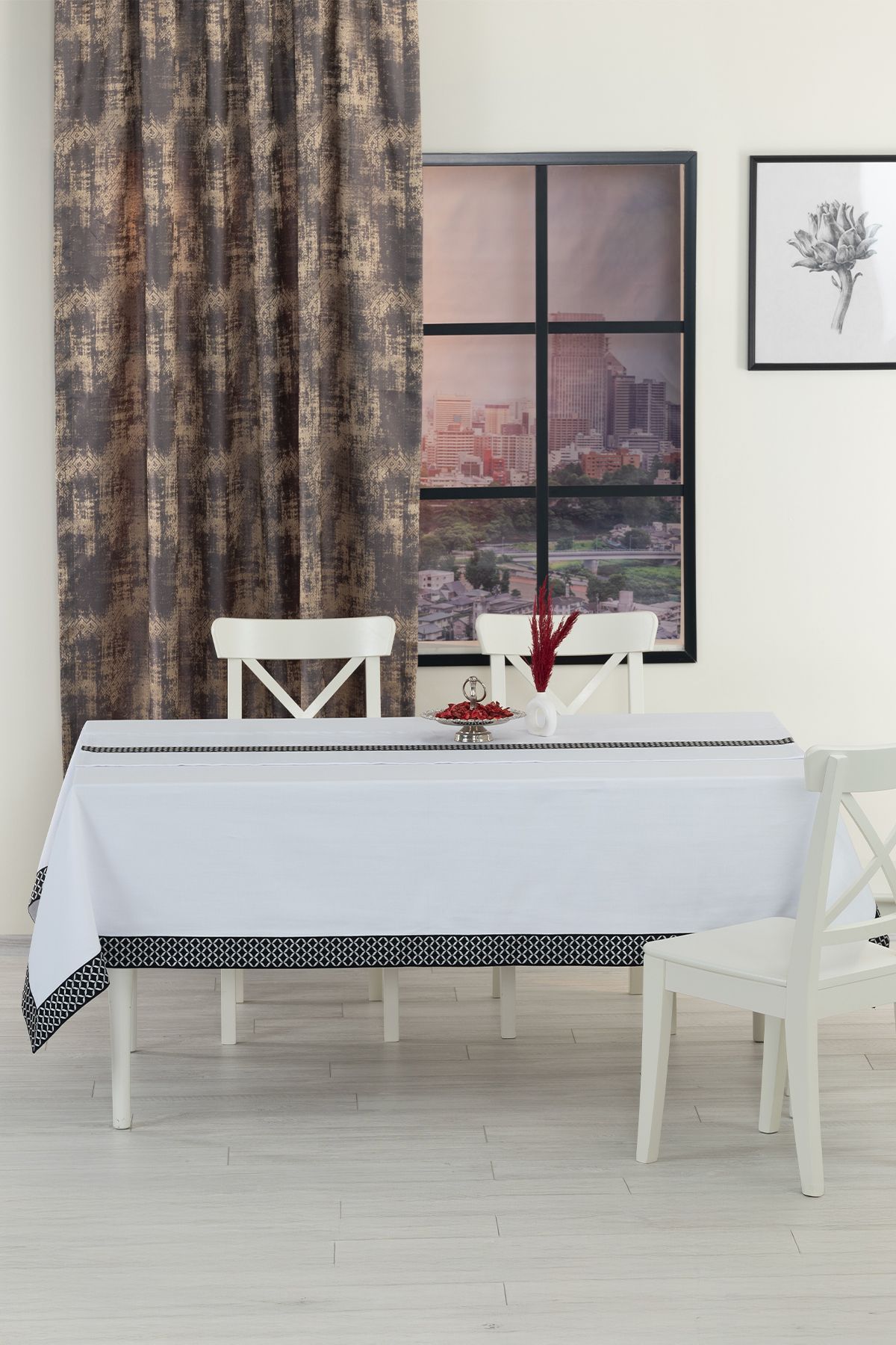 Tropikhome Alba Jakar Çember Desen Leke Tutmaz Jakarlı 160x220 Cm Lüks 8 Kişilik Masa Örtüsü Beyaz