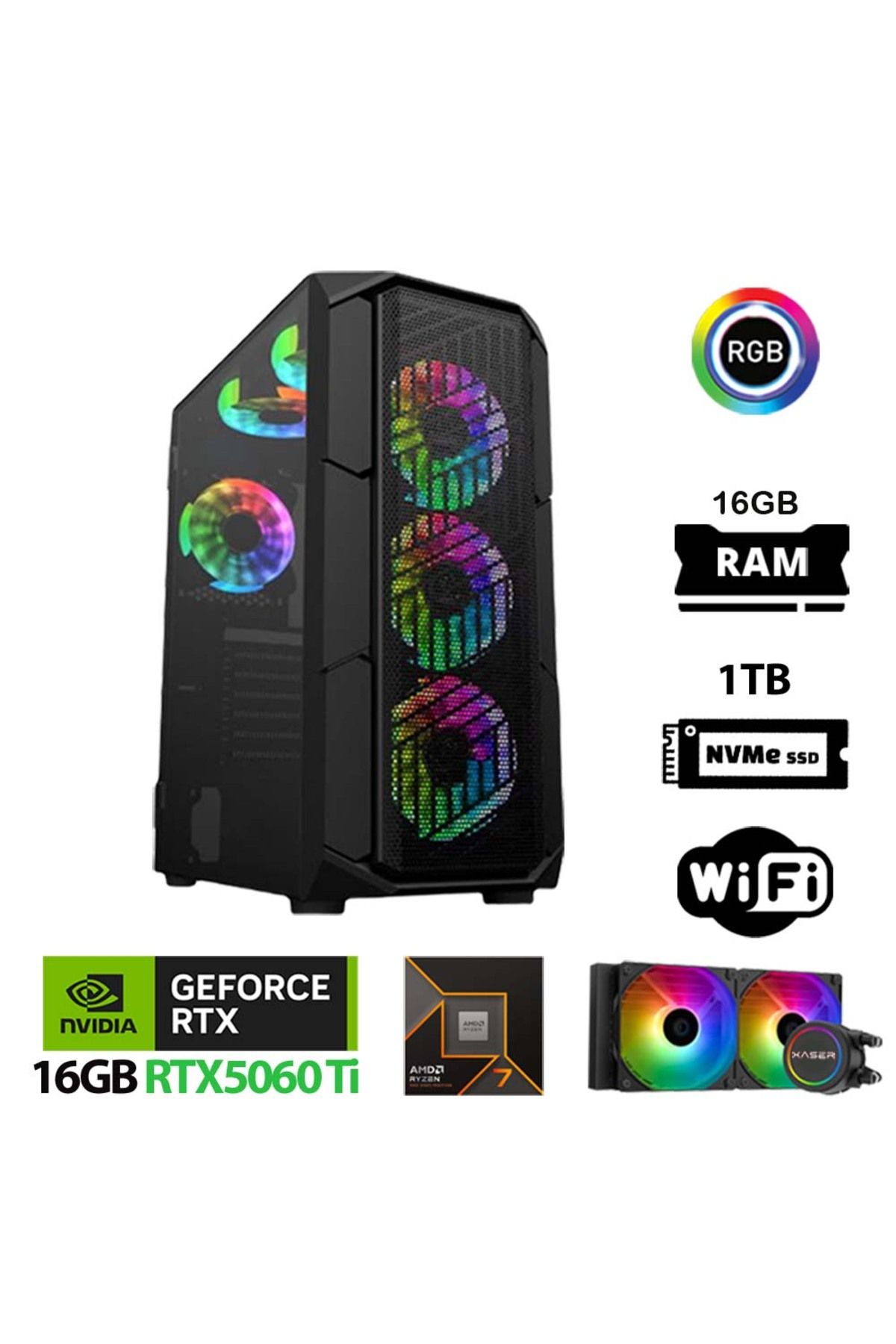 XASER Thunder x760 i9 14900KF 16GB DDR5 Ram 1TB M.2 NVMe SSD 16GB RTX5060 Ti Sıvı Soğutmalı Oyuncu B