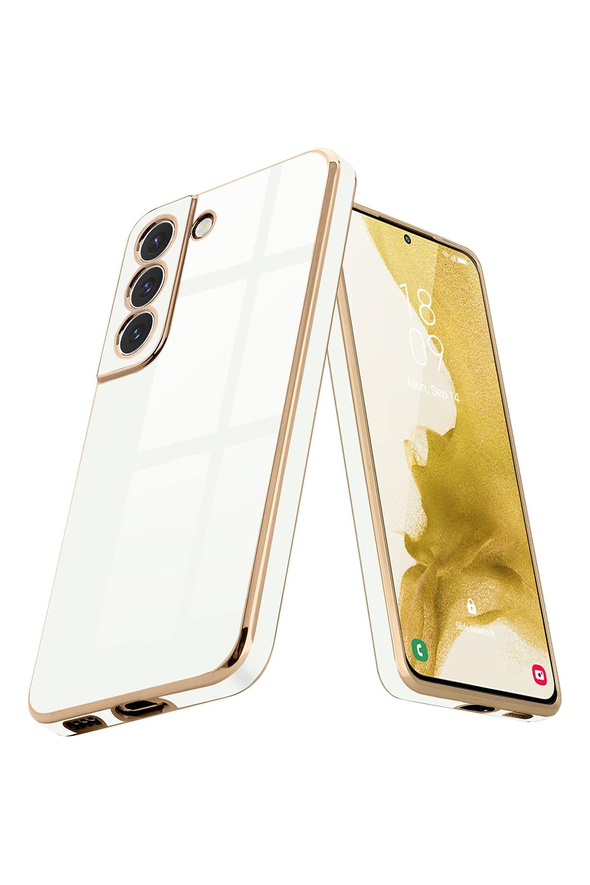Merwish Galaxy S22 Uyumlu Lazer Kesim Gold Çerçeve Beyaz Kapak Kılıf