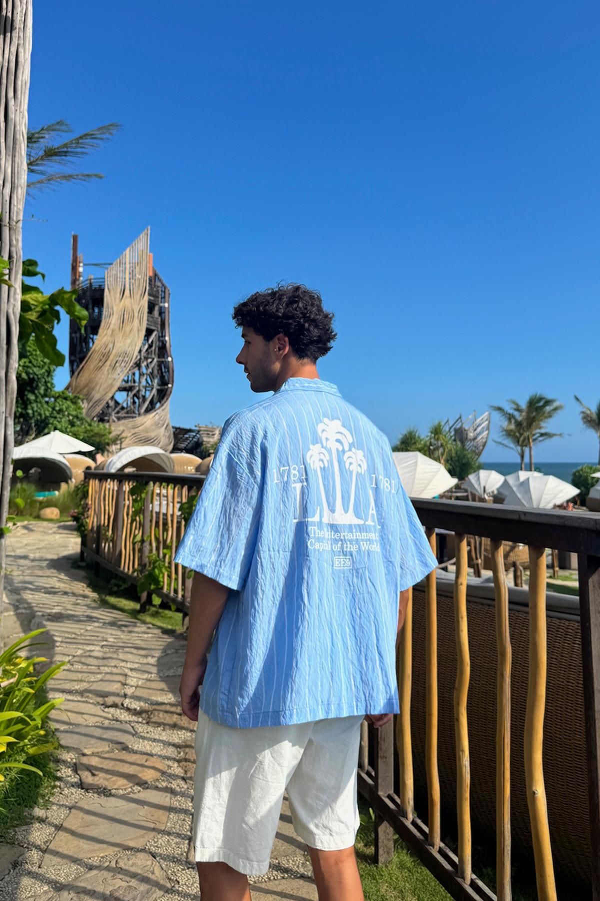 Flaw Wear Palmiye Baskılı Çizgili Mavi Kısa Kol Gömlek