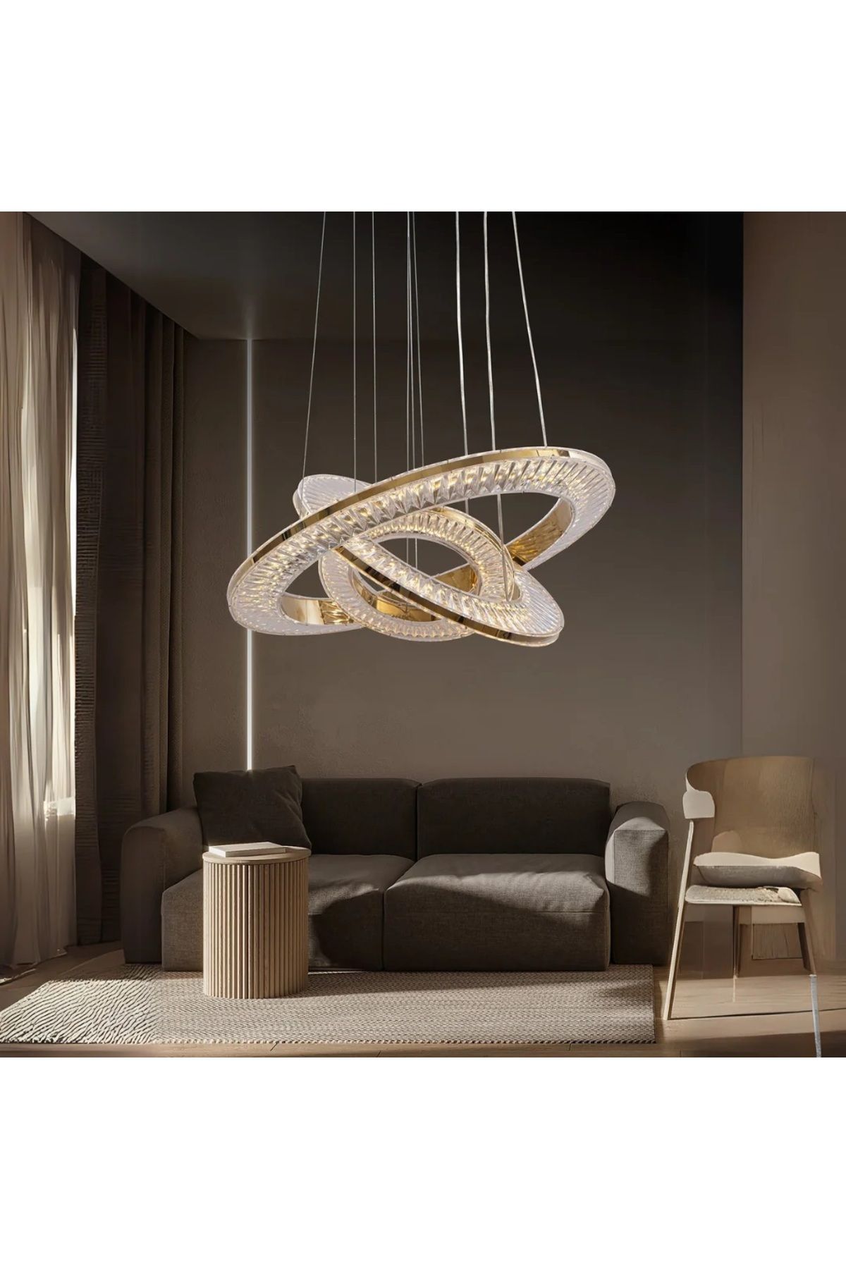 durulight Avangart Gold 3'lü Lüks Uzaktan Kumandalı Dimmerli 3 Renk Ledli Avize Salon Avizesi