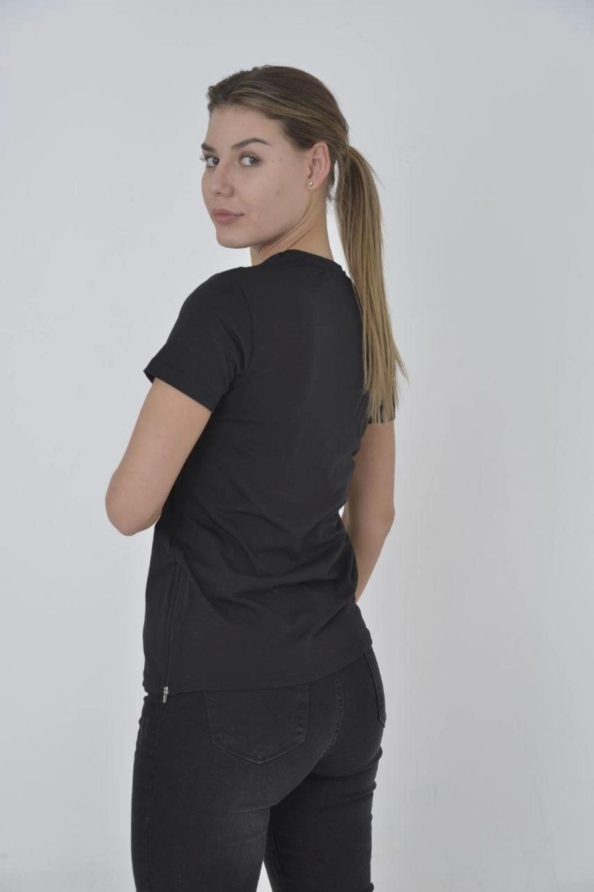 Serero Kadın Yandan Fermuarli Slim fit T-shirt - Siyah