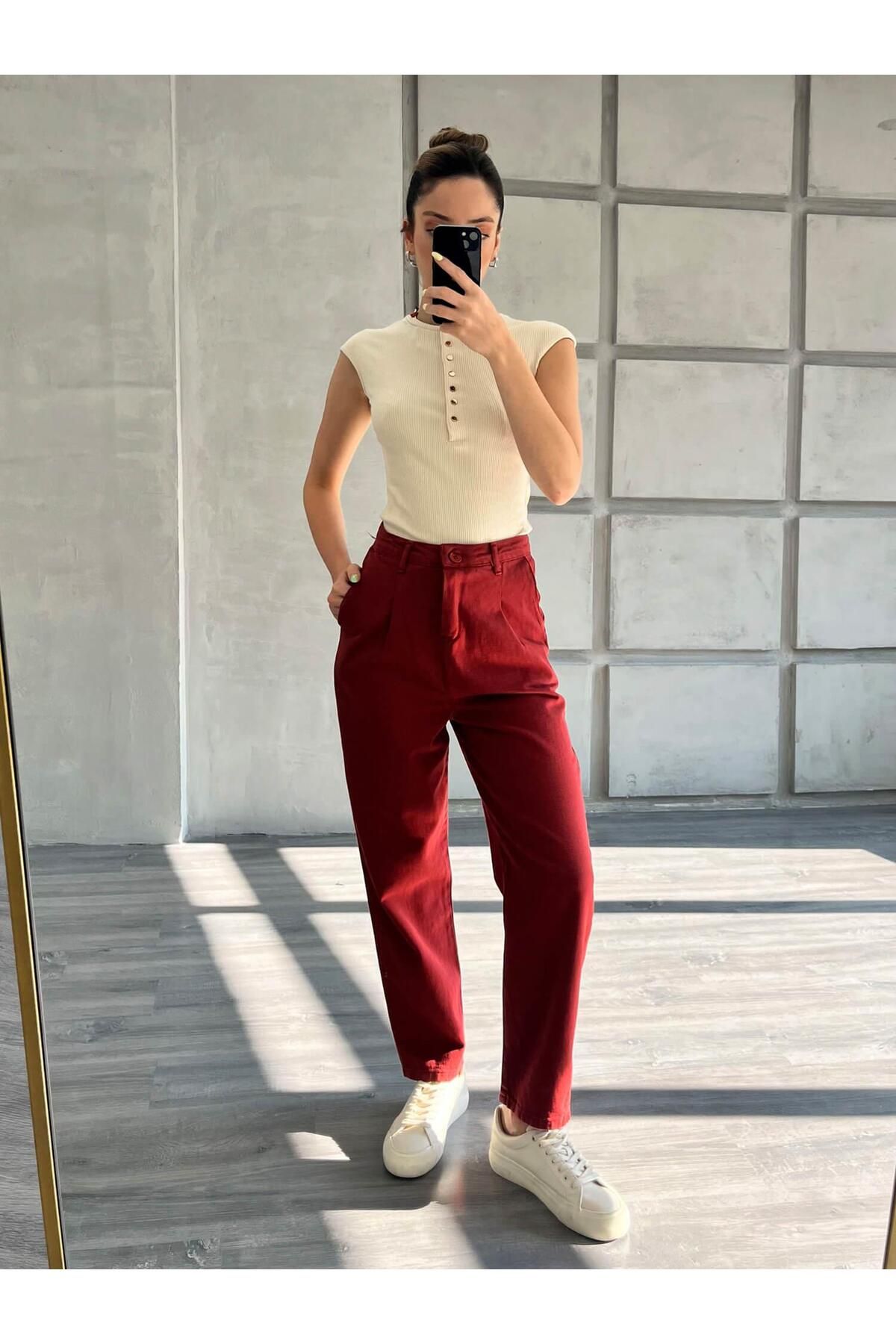 Coral Pileli Gabardin Havuç Pantolon Bordo