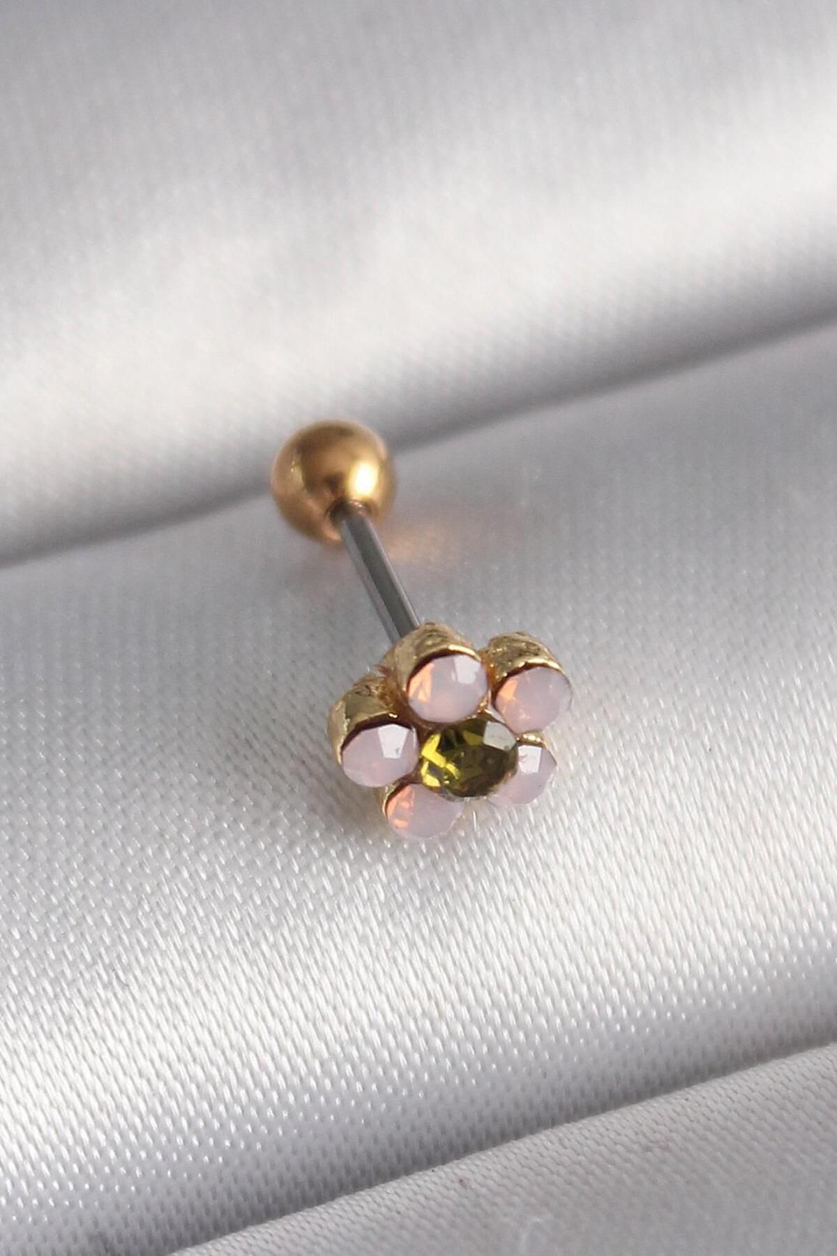 AfraBeauty 316L Çelik Gold Renk Zirkon Taşlı Çiçek Tragus Piercing
