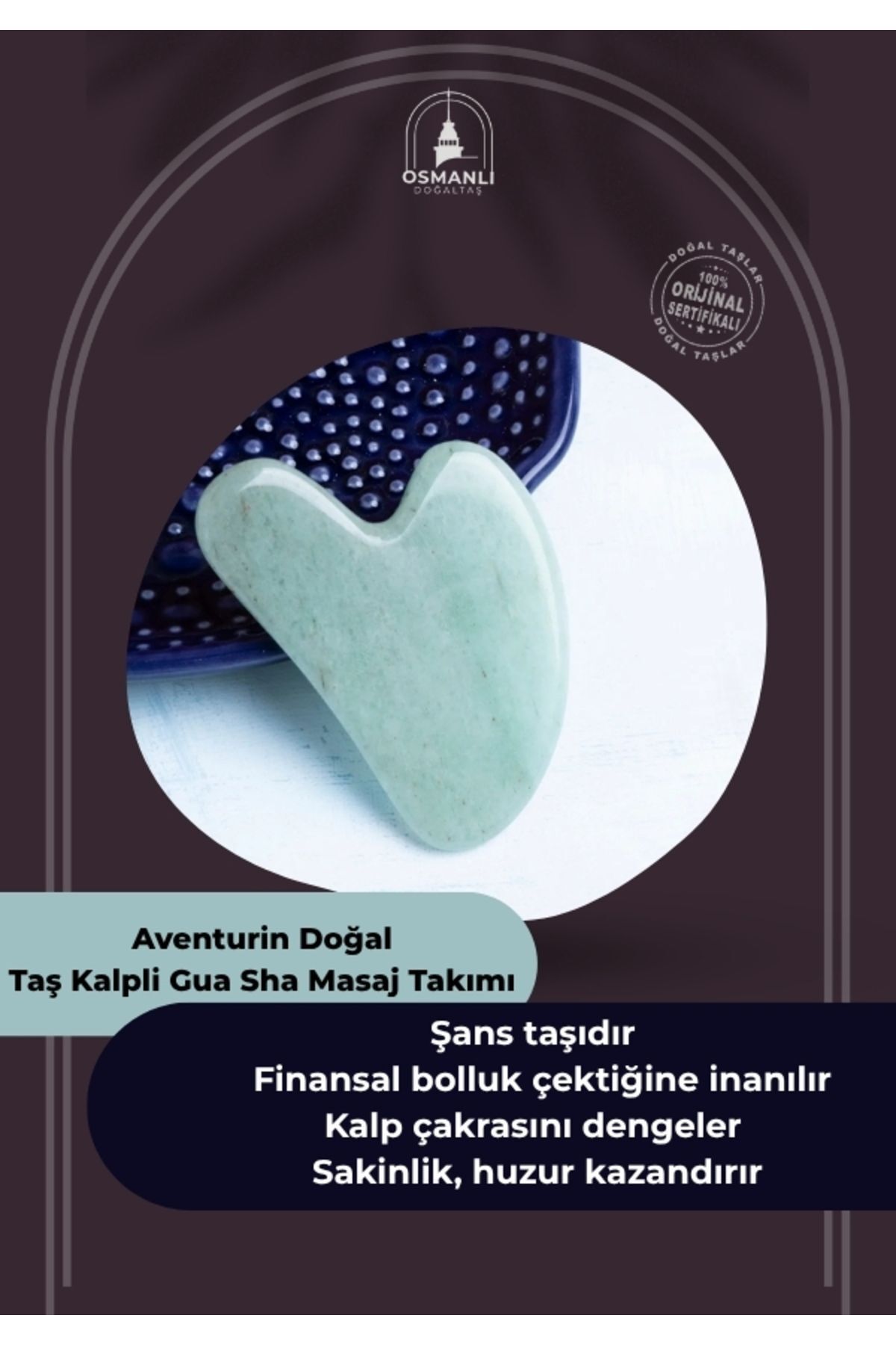 Elioure TR Sertifikalı Aventurin Doğal Taş Kalpli Gua Sha Masaj Takımı Ma030