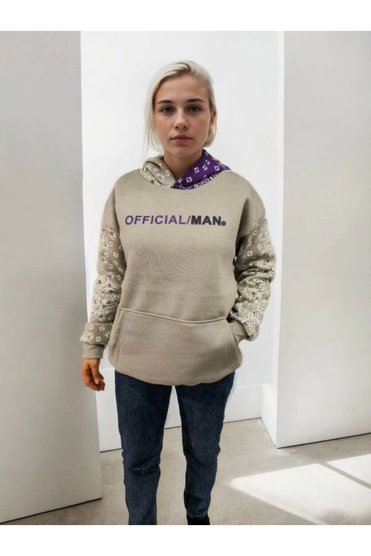 Serero Kadın Baskılı Kapüşonlu Sweatshirt - Gri