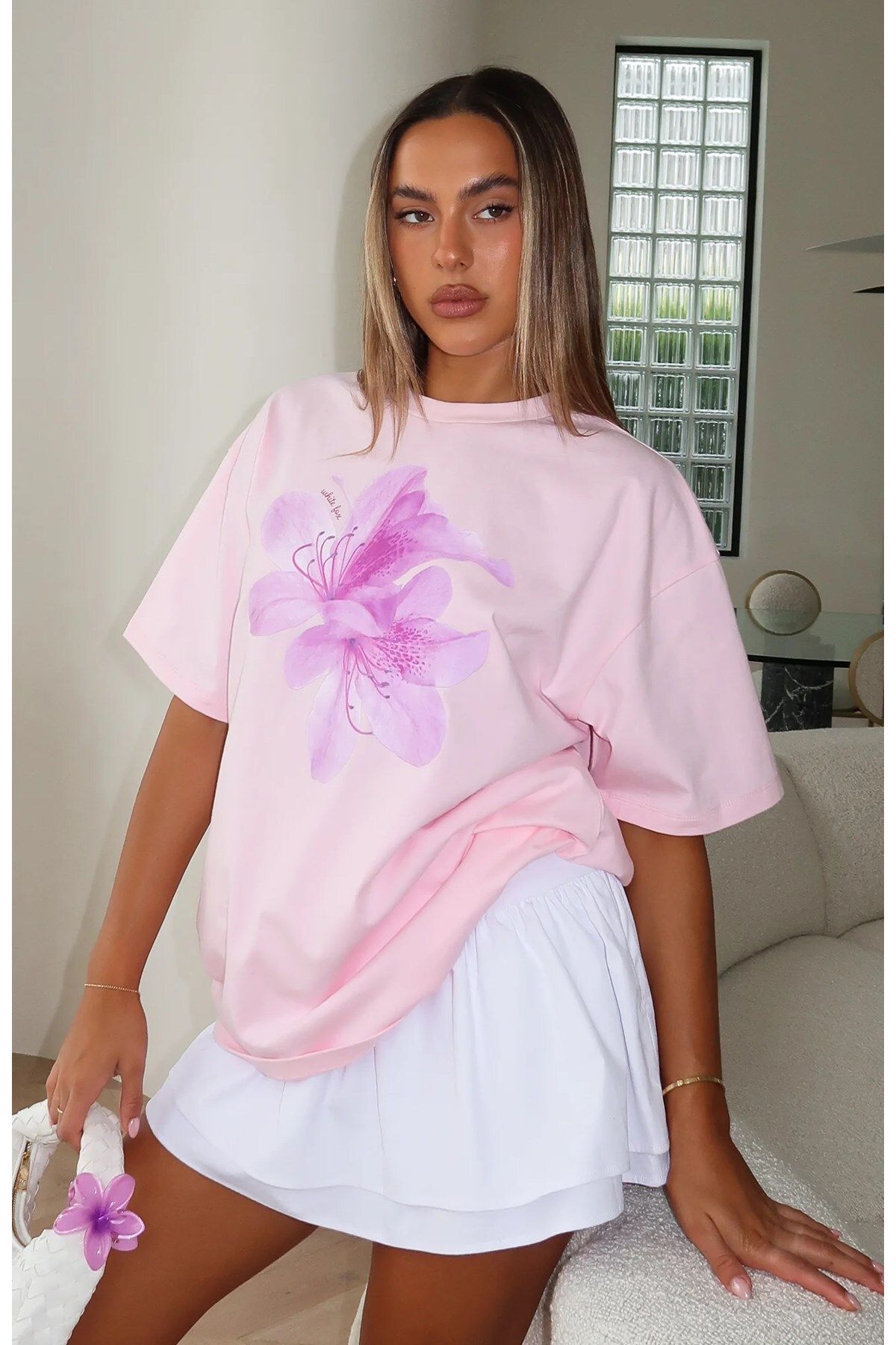 GIA - ART Kadın Lila Çiçek Desenli Oversize Pembe Tişört %100 Pamuk