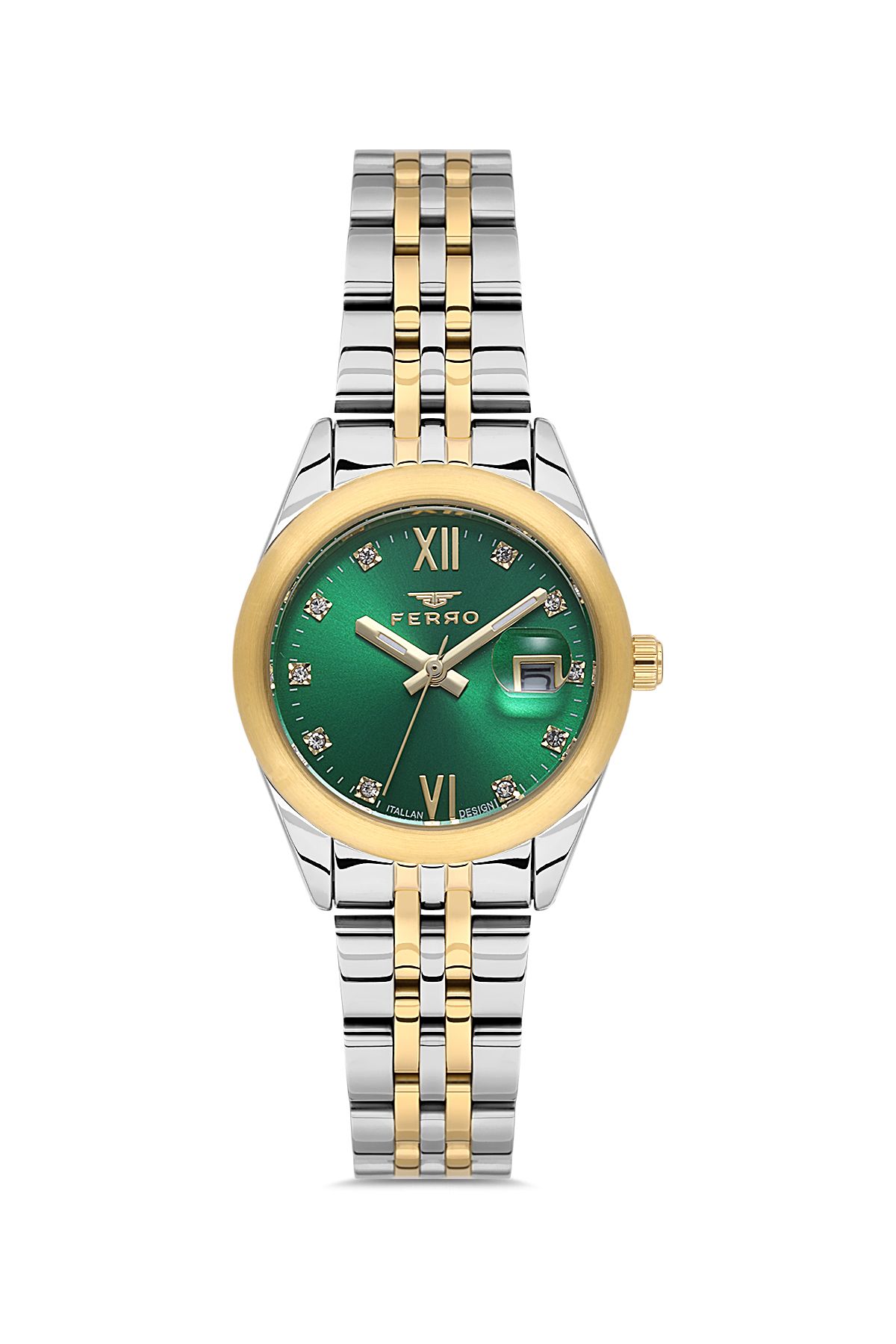 FERRO FL21618AWT-D6 Quartz Çelik Altın/Gri Yeşil Kadran 28 mm Kadın Kol Saati