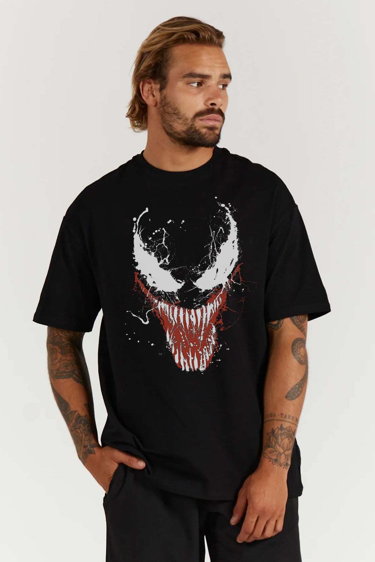 MODA Venom Tom Hardy Baskılı Oversize Kalıp Siyah Geniş Bol Kesim Erkek Tişört