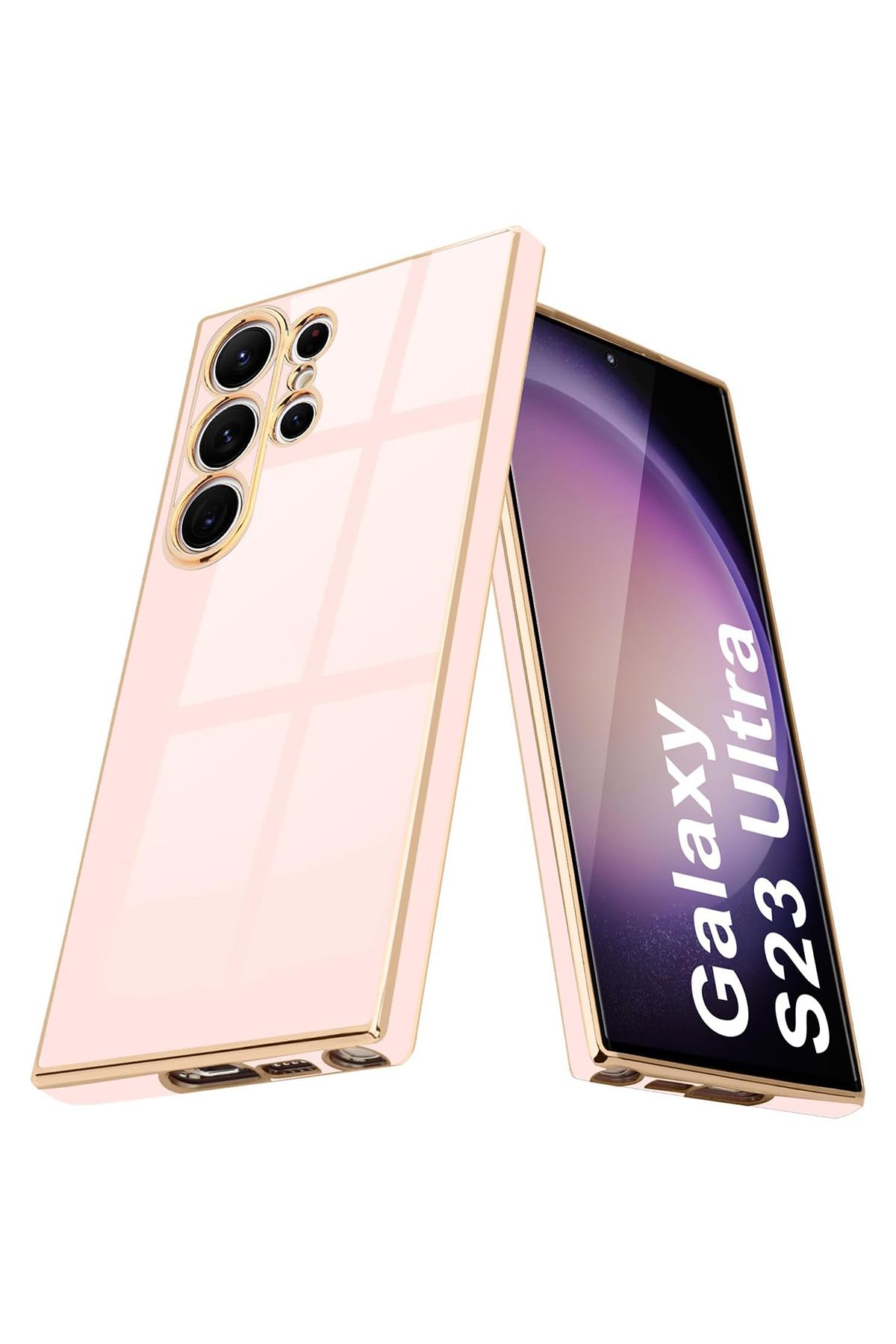 Merwish Galaxy S24 Ultra Uyumlu Lazer Kesim Gold Çerçeve Pembe Kapak Kılıf