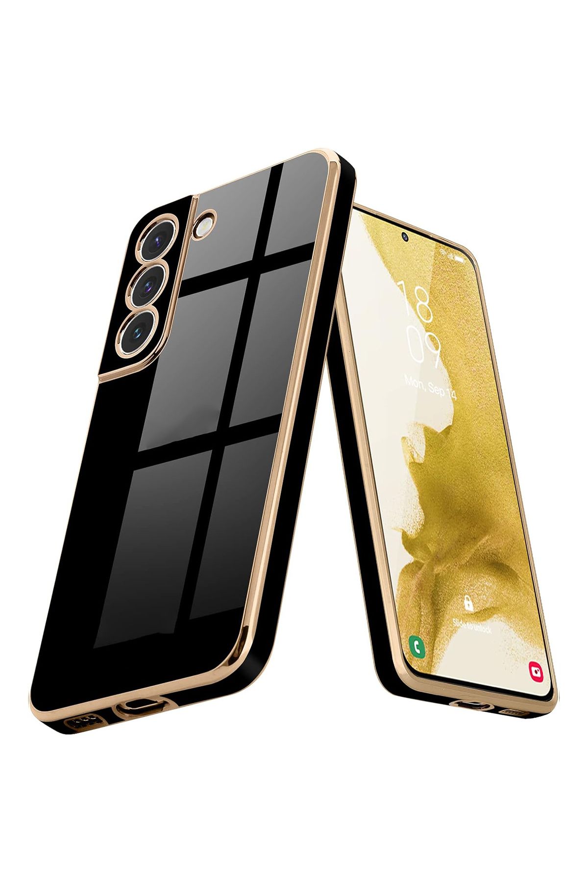 Merwish Galaxy S22 Uyumlu Lazer Kesim Gold Çerçeve Siyah Kapak Kılıf