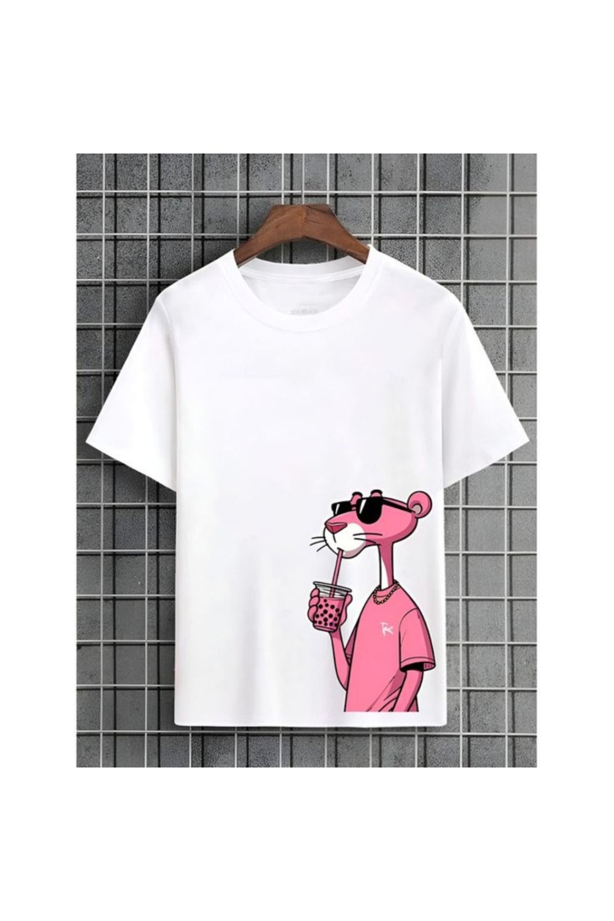 aynewmoda Kısa Kollu Yuvarlak Yaka Pink Panther Baskılı Tişört