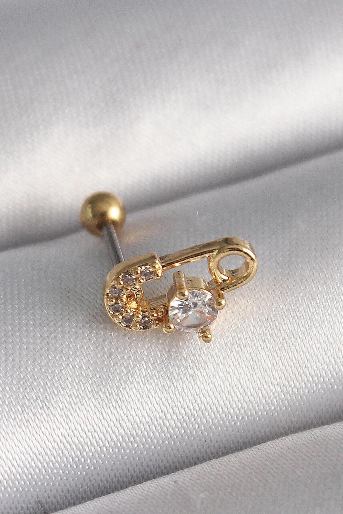AfraBeauty 316L Çelik Gold Renk Zirkon Taşlı Toplu İğne Tragus Piercing